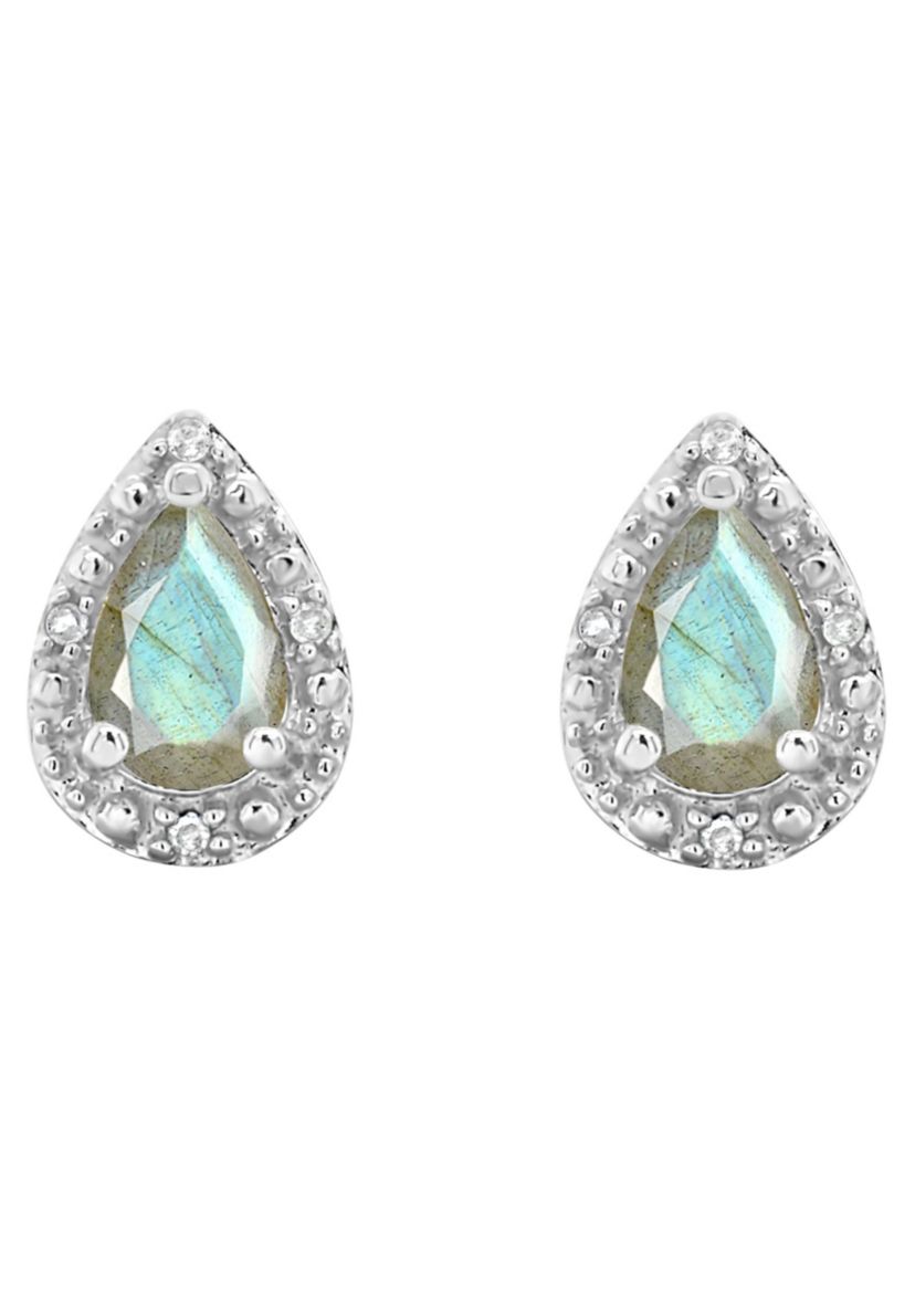 Sterling Silver 6x4mm Pear Shaped Labradorite Diamond Accent Halo Stud Earrings