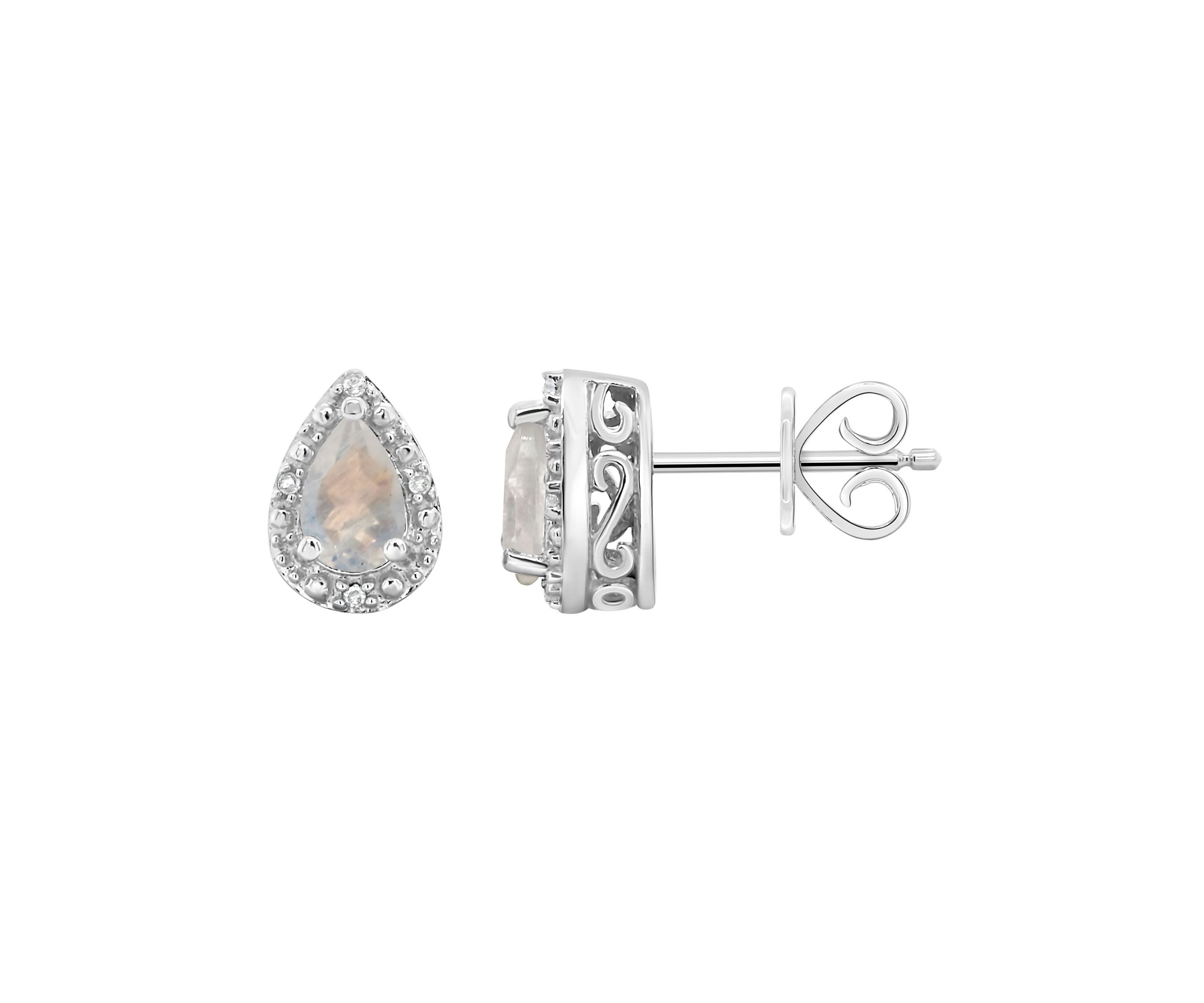 Sterling Silver 6x4mm Pear Shaped Moonstone Diamond Accent Halo Stud Earrings