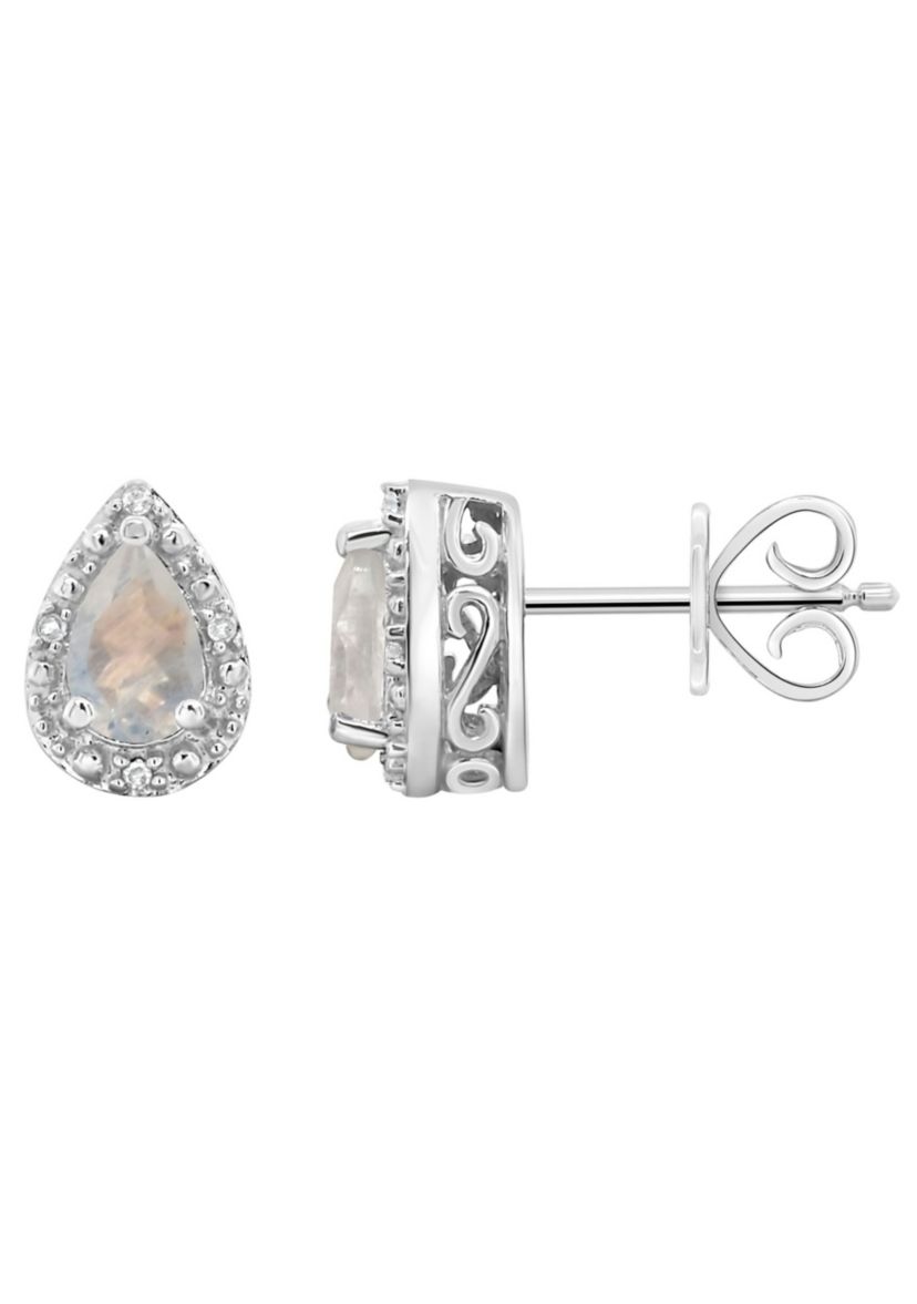 Sterling Silver 6x4mm Pear Shaped Moonstone Diamond Accent Halo Stud Earrings