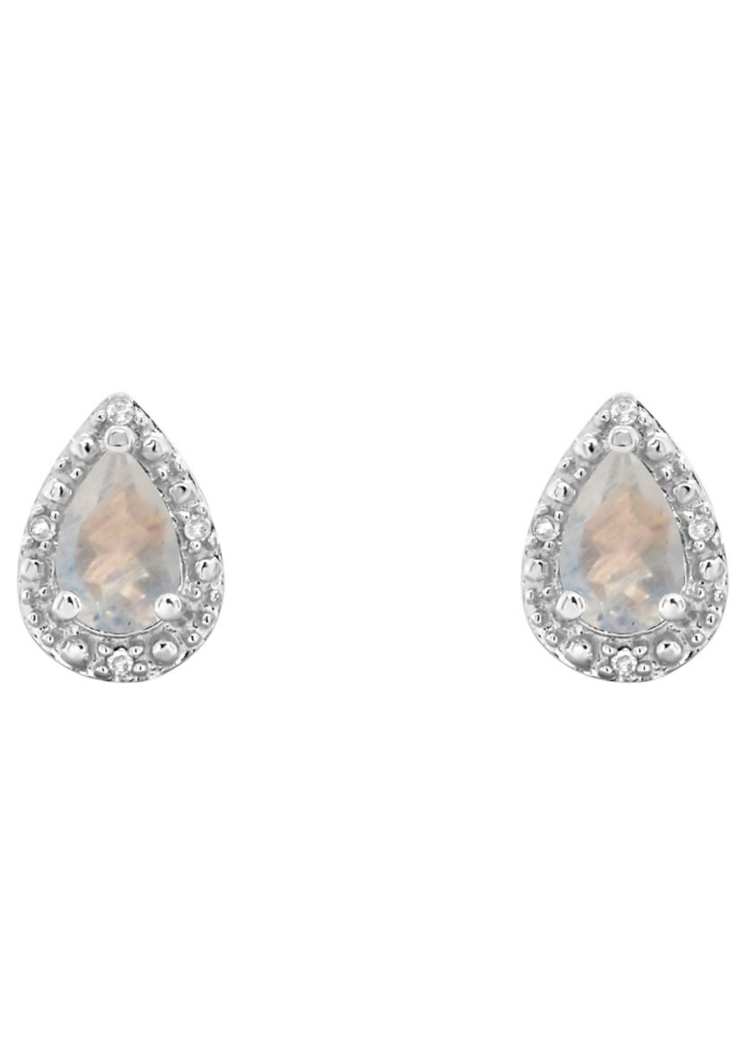 Sterling Silver 6x4mm Pear Shaped Moonstone Diamond Accent Halo Stud Earrings
