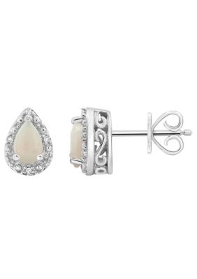 Belk & Co Sterling Silver 6x4mm Pear Shaped Opal Diamond Accent Halo Stud Earrings -  0848138021272