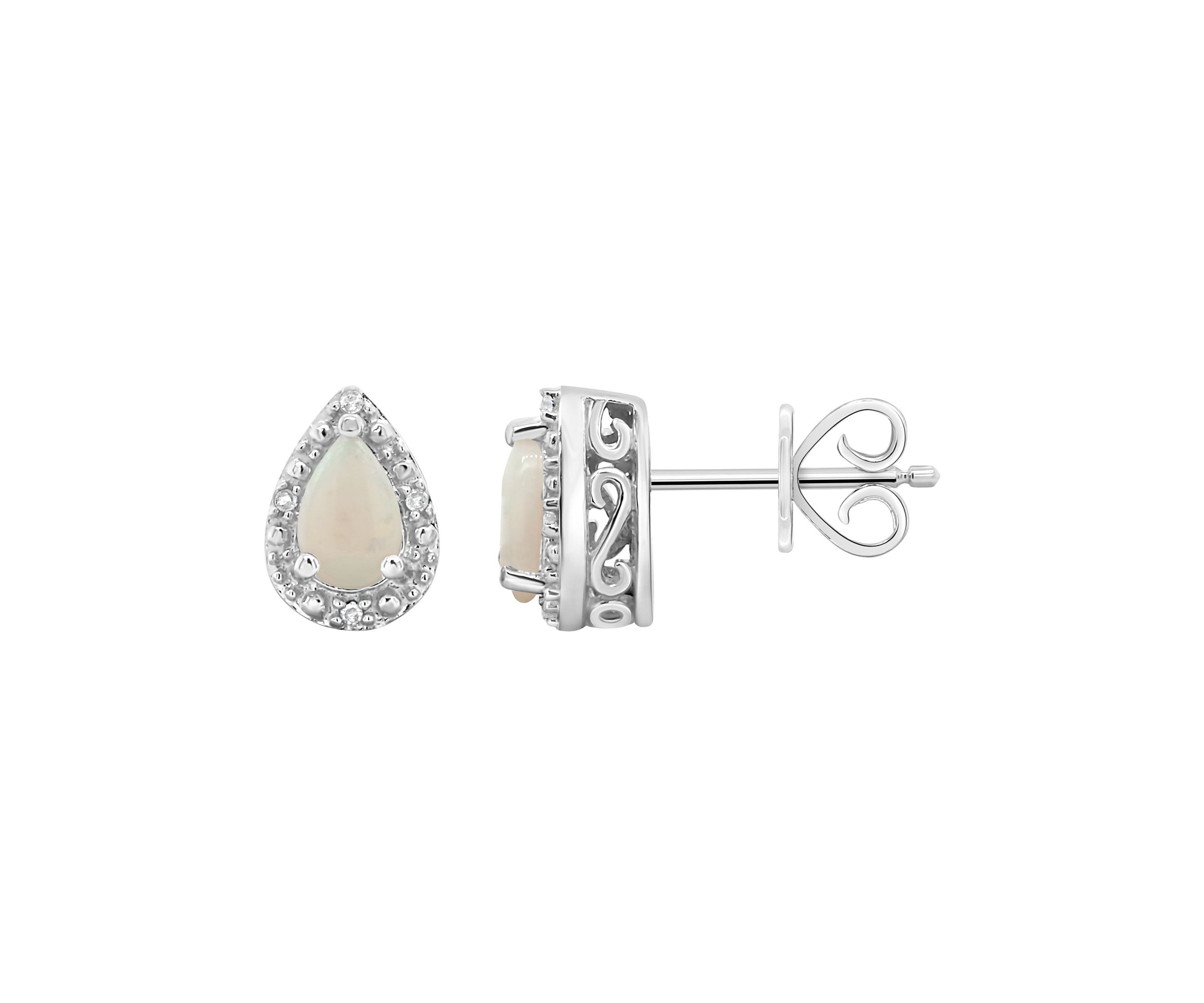 Sterling Silver 6x4mm Pear Shaped Opal Diamond Accent Halo Stud Earrings