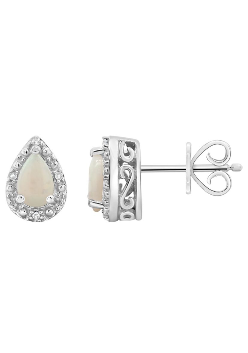 Sterling Silver 6x4mm Pear Shaped Opal Diamond Accent Halo Stud Earrings