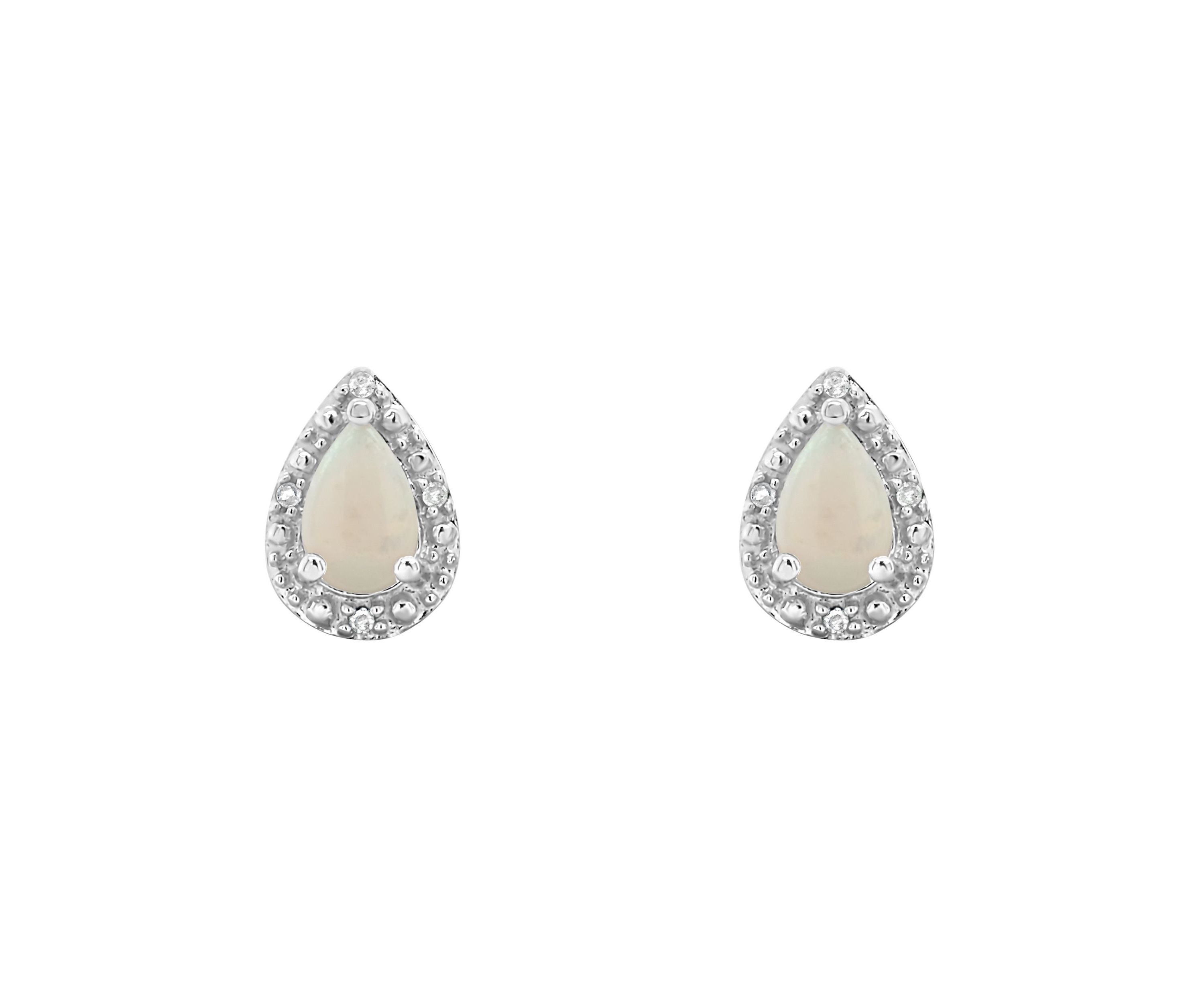 Sterling Silver 6x4mm Pear Shaped Opal Diamond Accent Halo Stud Earrings