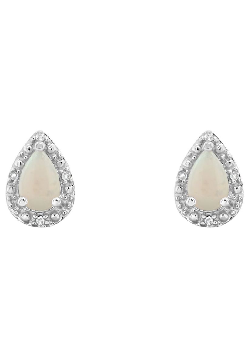 Sterling Silver 6x4mm Pear Shaped Opal Diamond Accent Halo Stud Earrings