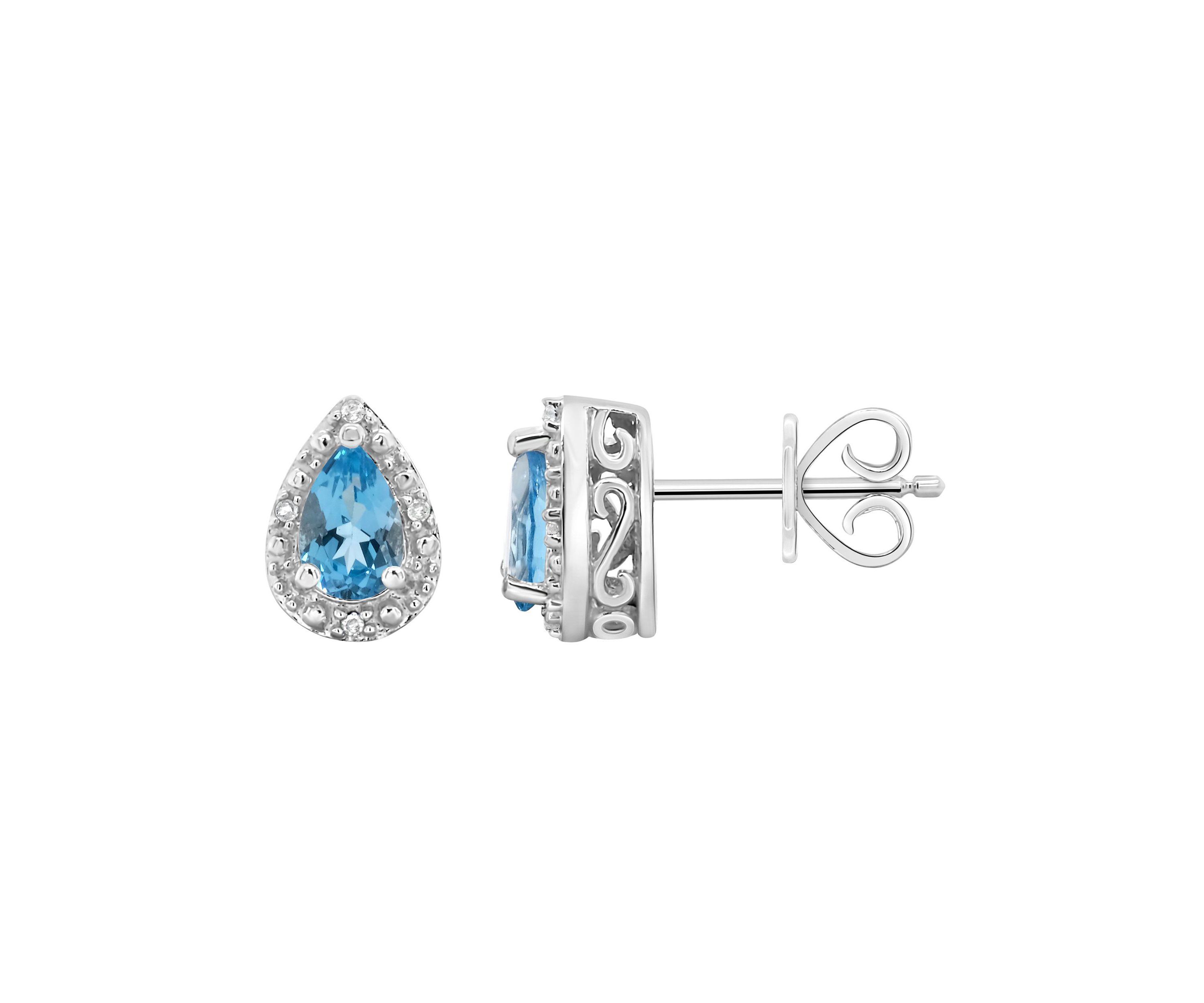 Sterling Silver 6x4mm Pear Shaped Blue Topaz Diamond Accent Halo Stud Earrings