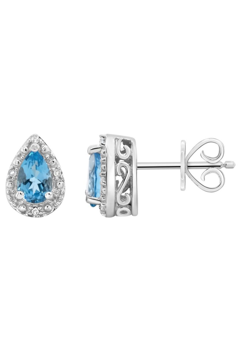 Sterling Silver 6x4mm Pear Shaped Blue Topaz Diamond Accent Halo Stud Earrings