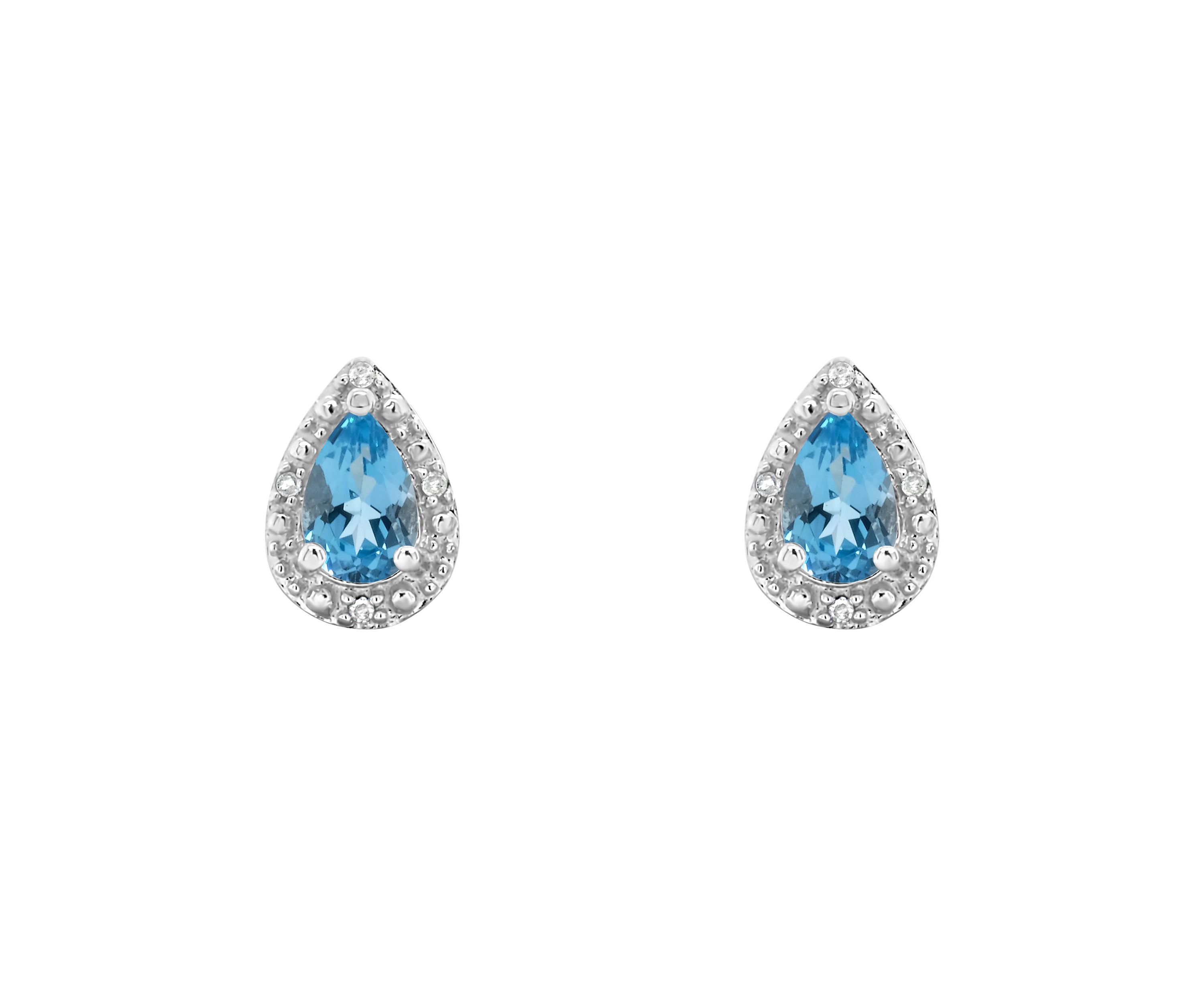 Sterling Silver 6x4mm Pear Shaped Blue Topaz Diamond Accent Halo Stud Earrings