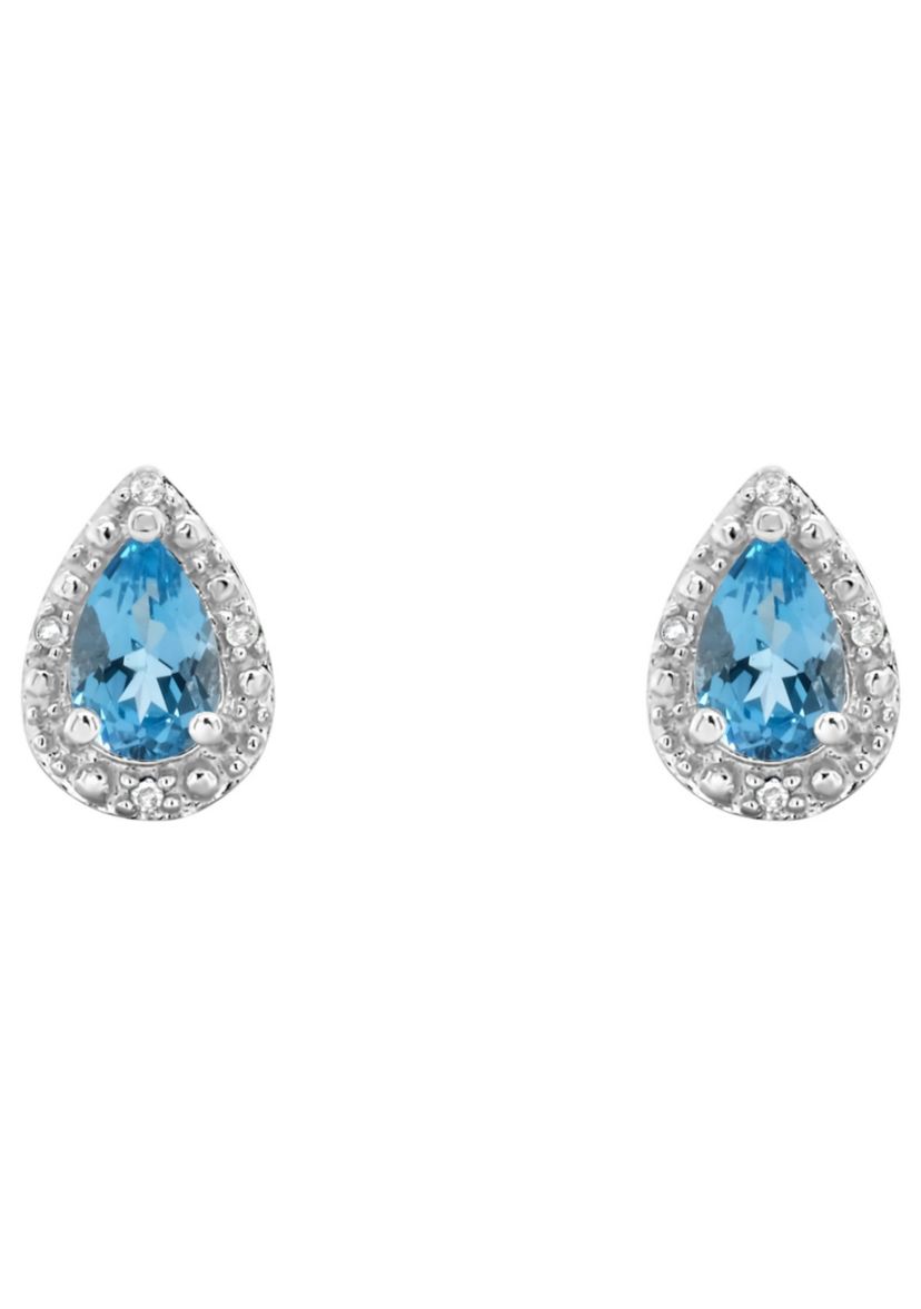 Sterling Silver 6x4mm Pear Shaped Blue Topaz Diamond Accent Halo Stud Earrings