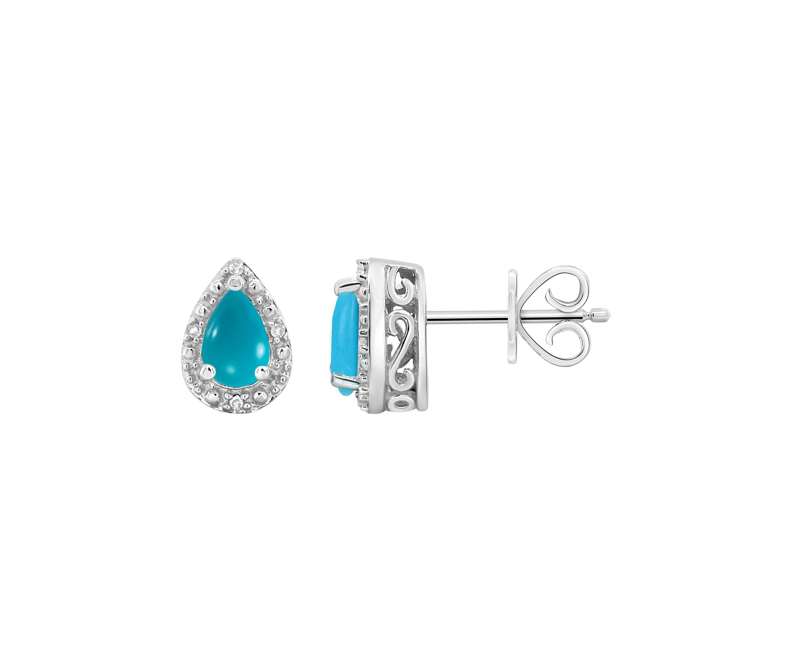 Sterling Silver 6x4mm Pear Shaped Turquoise Diamond Accent Halo Stud Earrings