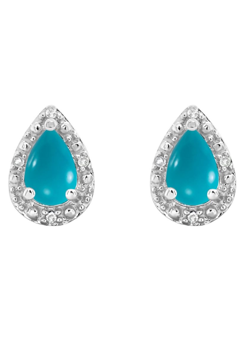 Sterling Silver 6x4mm Pear Shaped Turquoise Diamond Accent Halo Stud Earrings