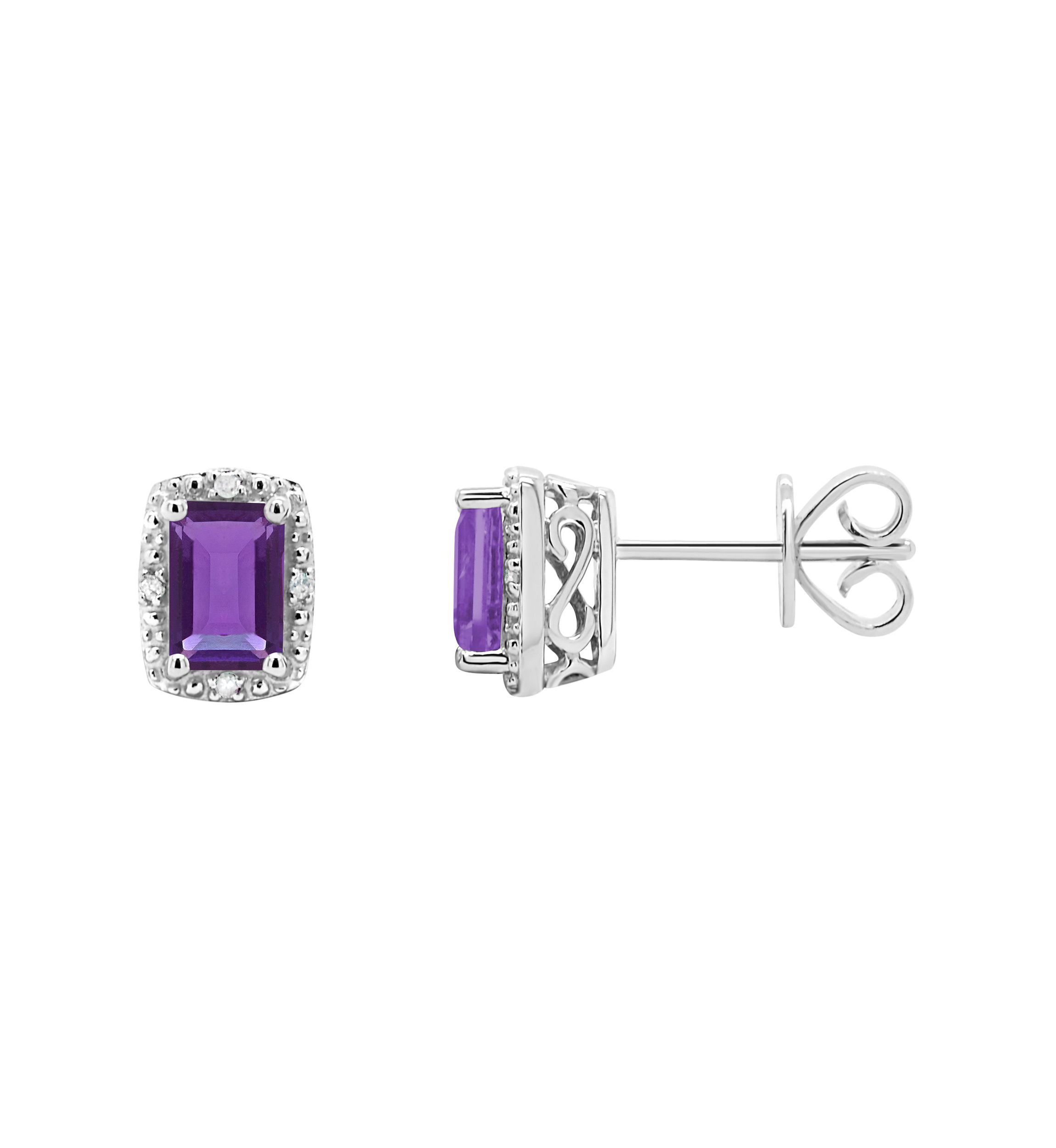 Sterling Silver 6x4mm Emerald Cut Amethyst Diamond Accent Halo Stud Earrings