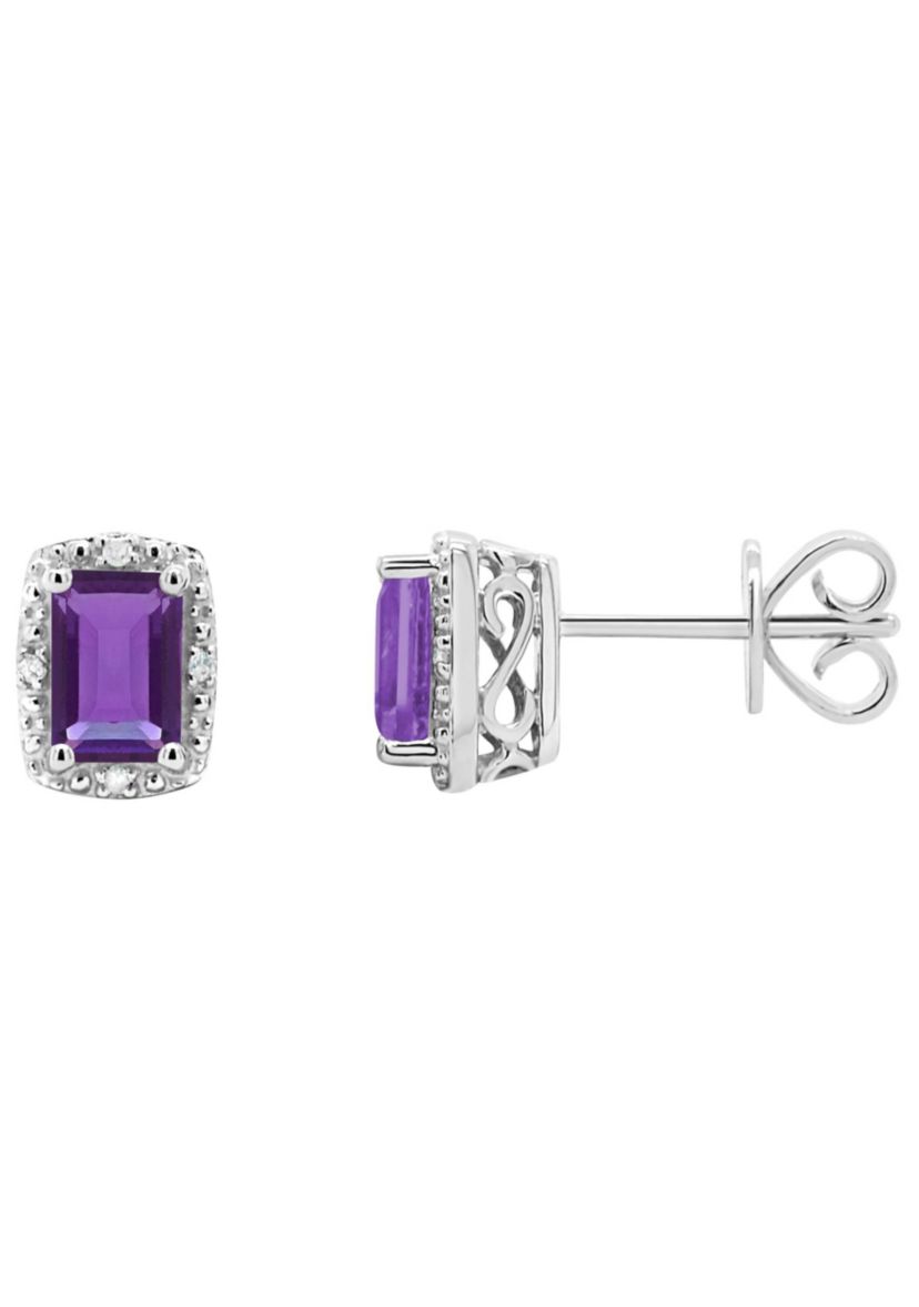 Sterling Silver 6x4mm Emerald Cut Amethyst Diamond Accent Halo Stud Earrings