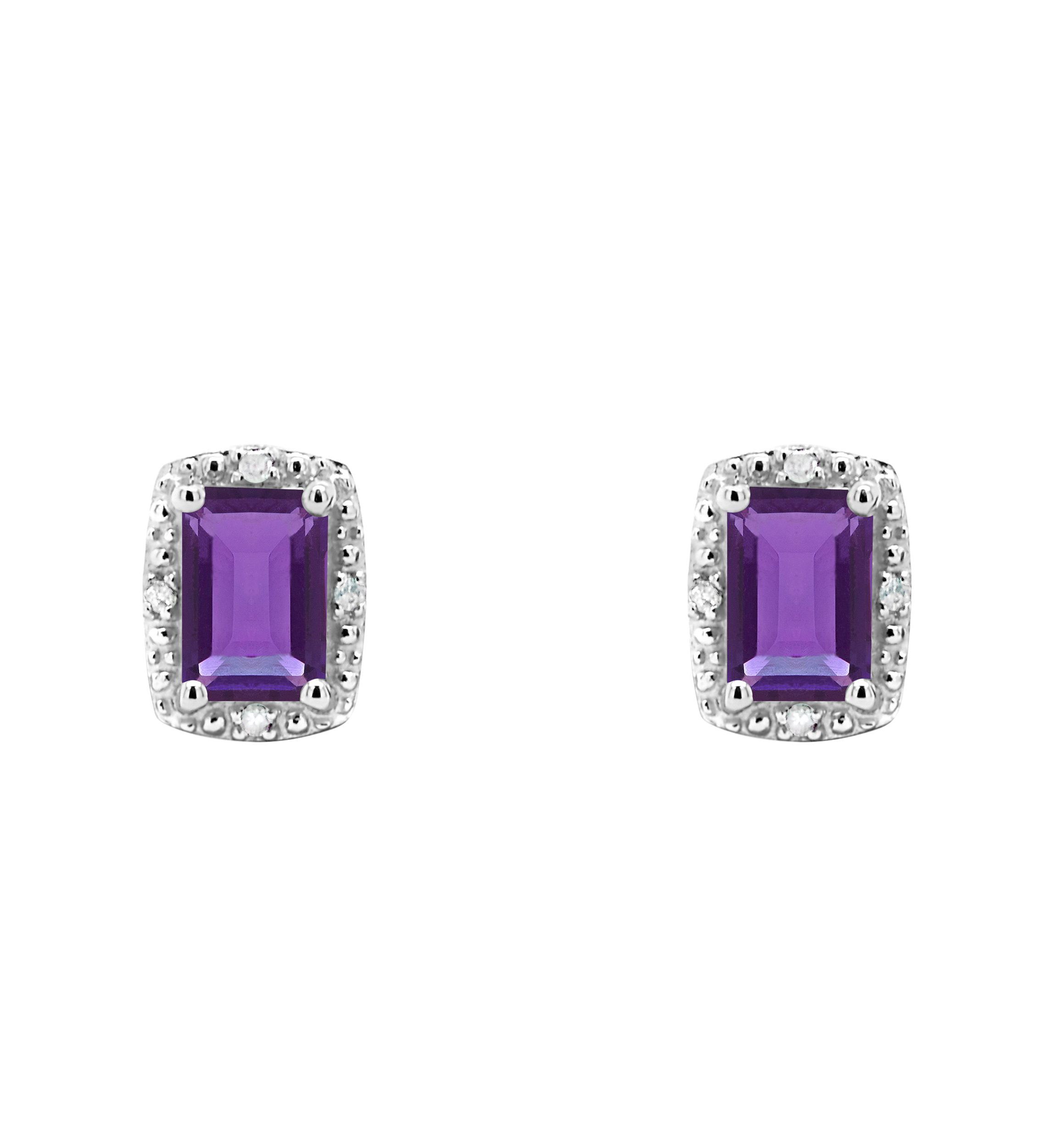 Sterling Silver 6x4mm Emerald Cut Amethyst Diamond Accent Halo Stud Earrings