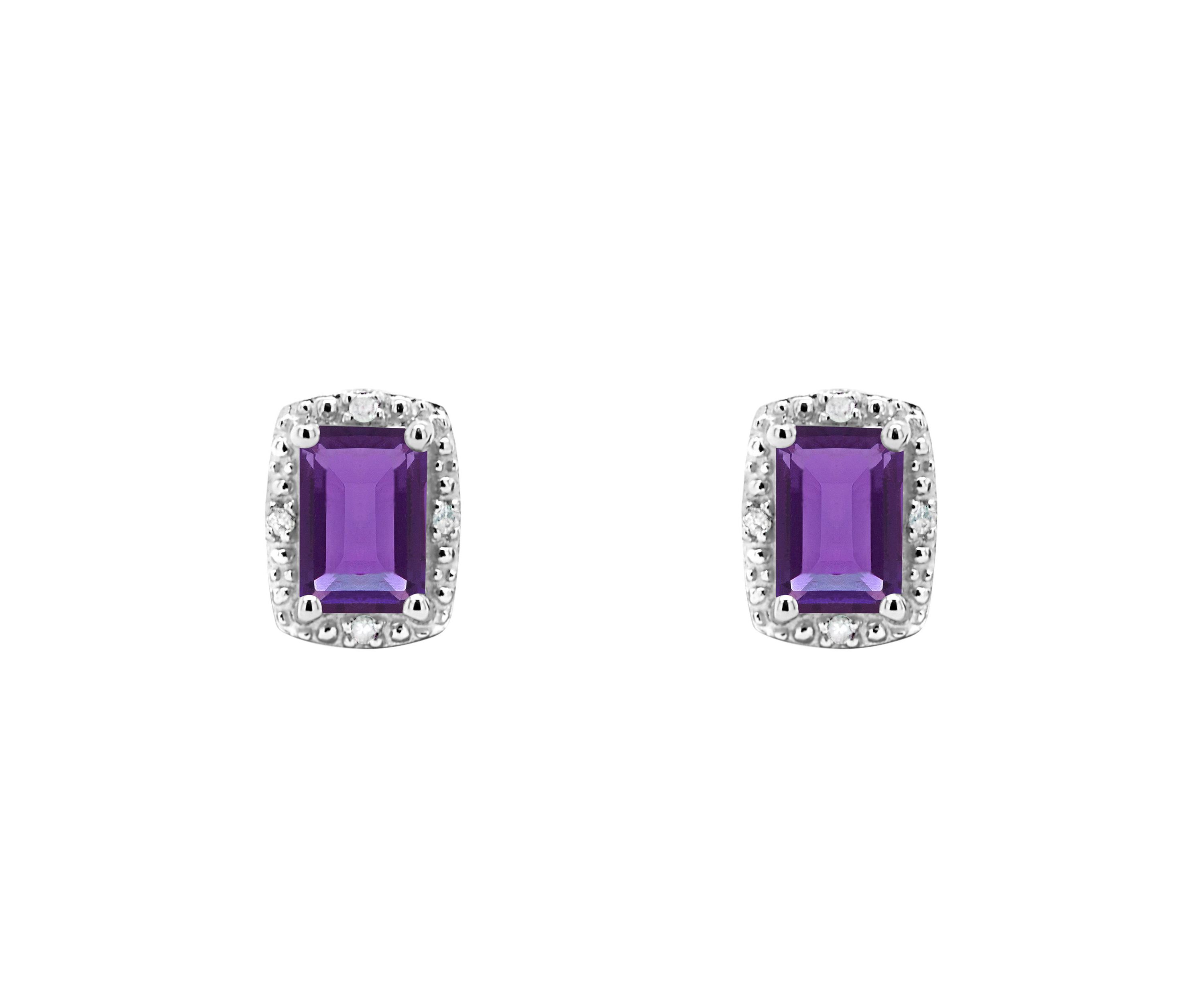Sterling Silver 6x4mm Emerald Cut Amethyst Diamond Accent Halo Stud Earrings