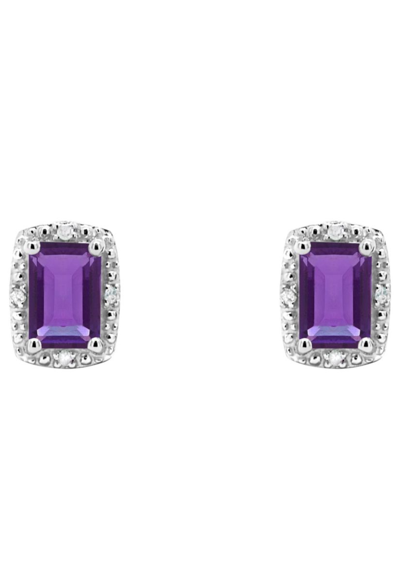 Sterling Silver 6x4mm Emerald Cut Amethyst Diamond Accent Halo Stud Earrings