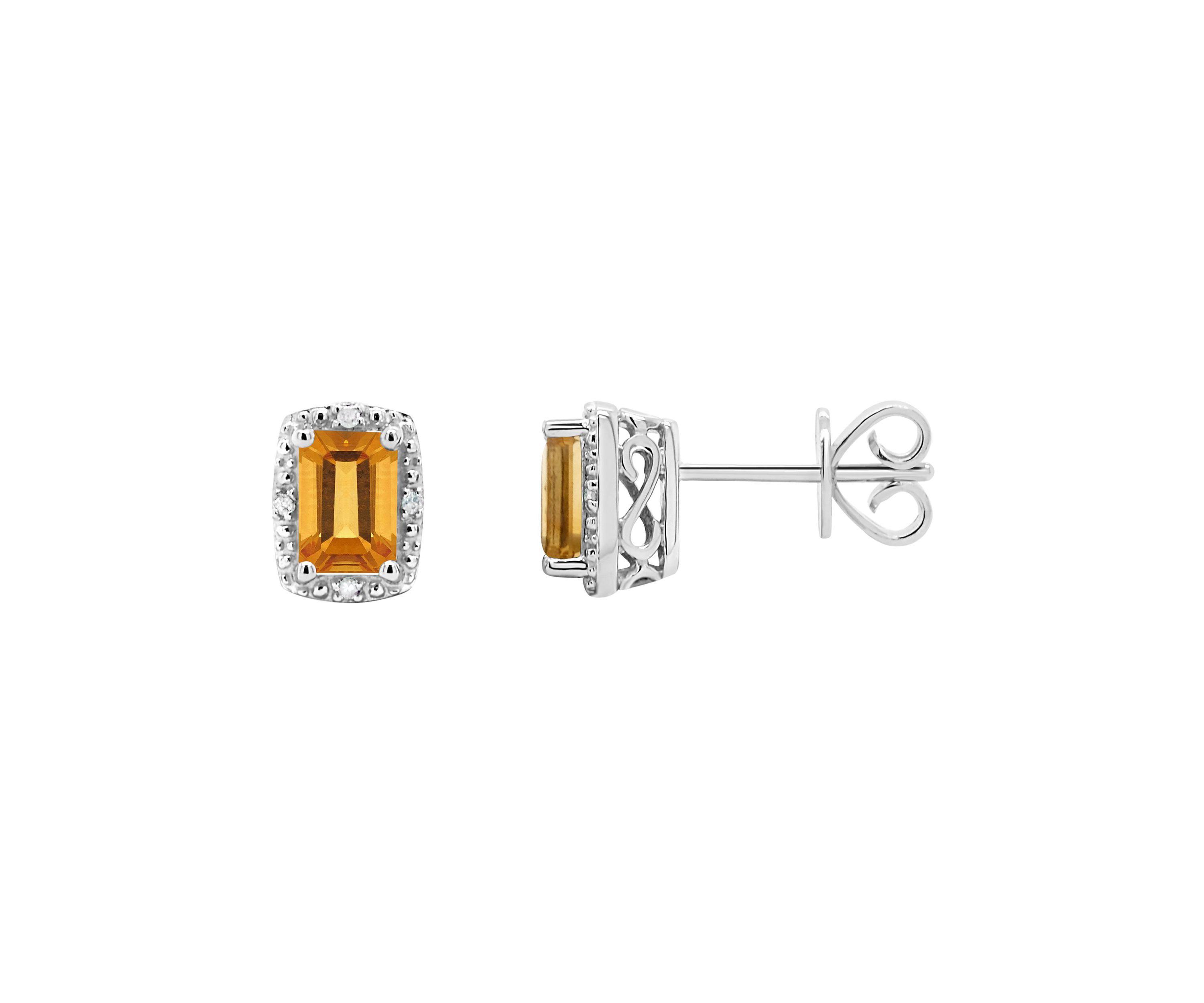Sterling Silver 6x4mm Emerald Cut Citrine Diamond Accent Halo Stud Earrings