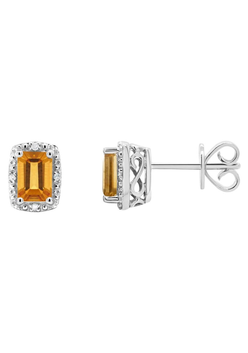 Sterling Silver 6x4mm Emerald Cut Citrine Diamond Accent Halo Stud Earrings