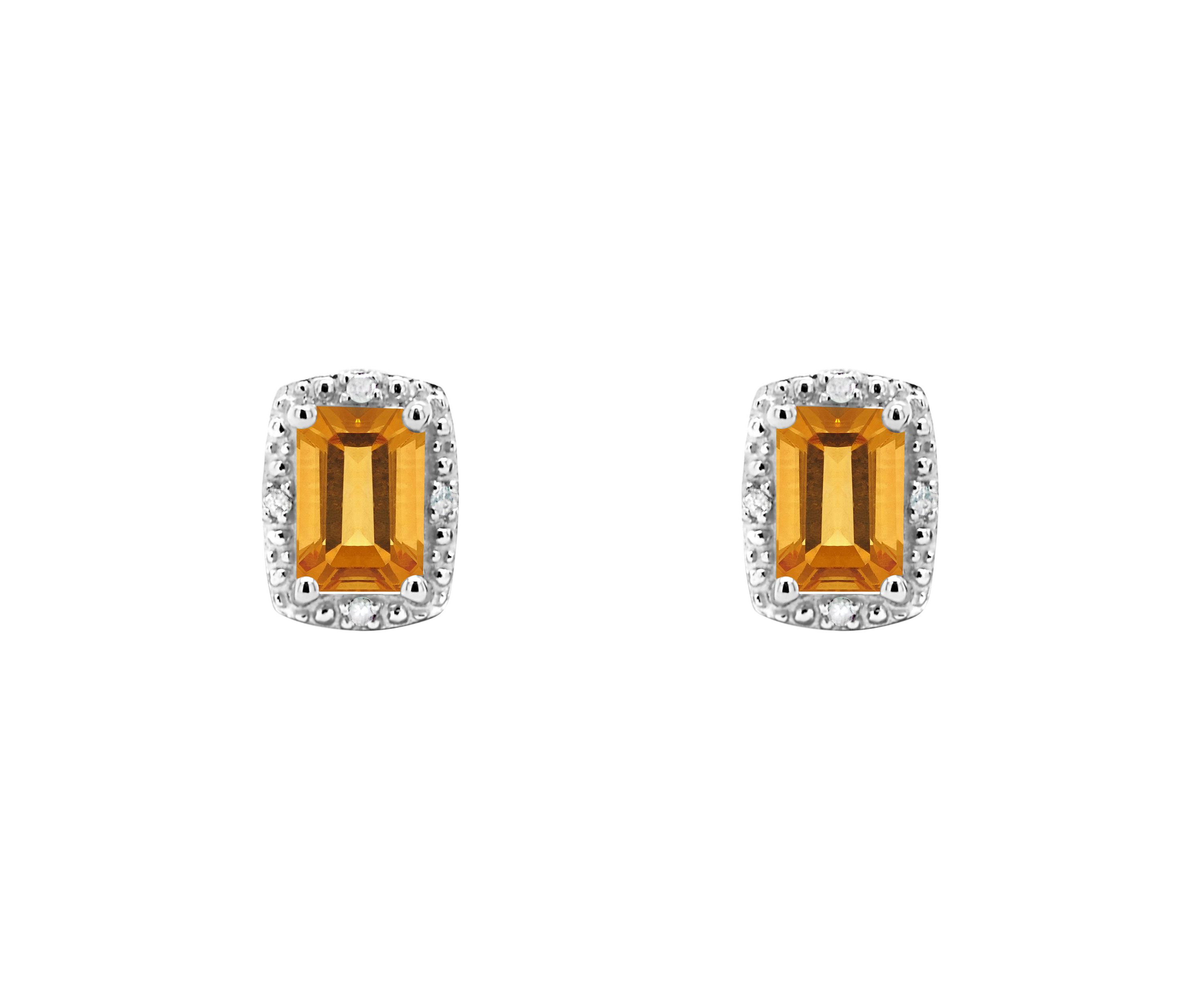 Sterling Silver 6x4mm Emerald Cut Citrine Diamond Accent Halo Stud Earrings