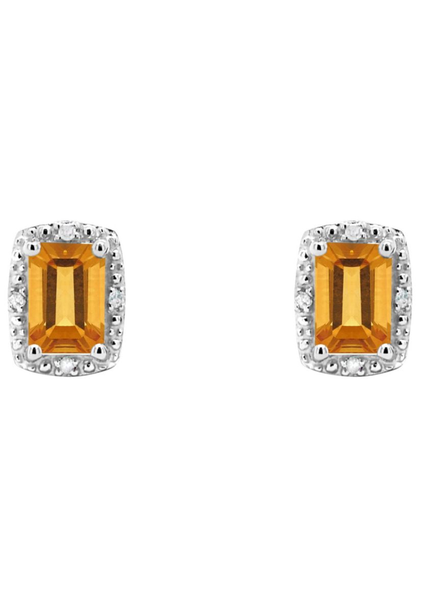 Sterling Silver 6x4mm Emerald Cut Citrine Diamond Accent Halo Stud Earrings