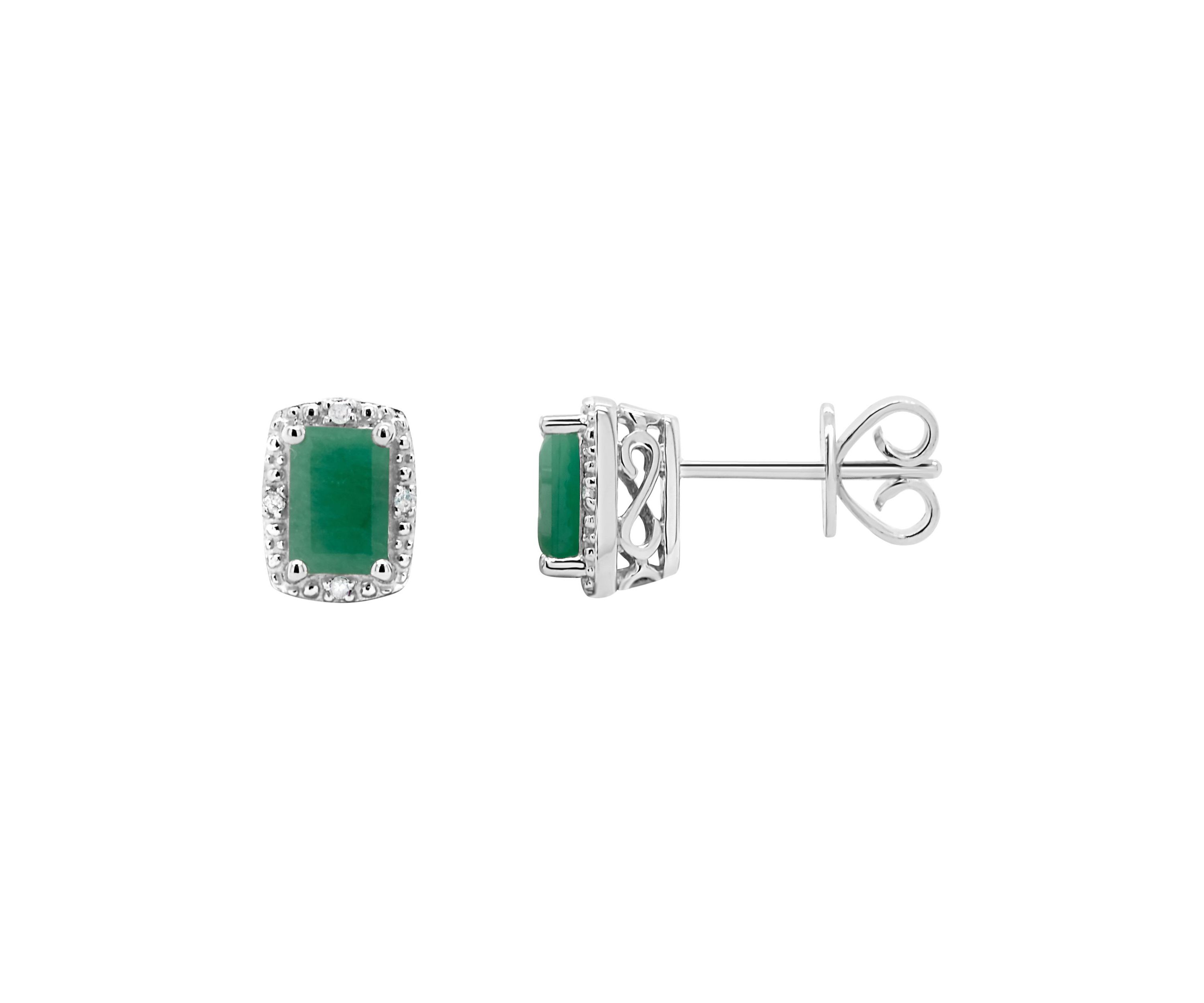 Sterling Silver 6x4mm Emerald Cut Emerald Diamond Accent Halo Stud Earrings