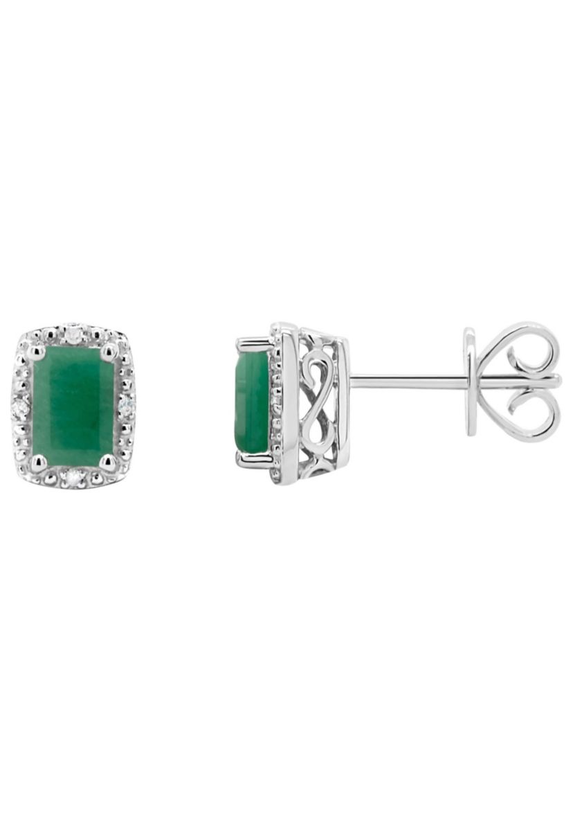 Sterling Silver 6x4mm Emerald Cut Emerald Diamond Accent Halo Stud Earrings