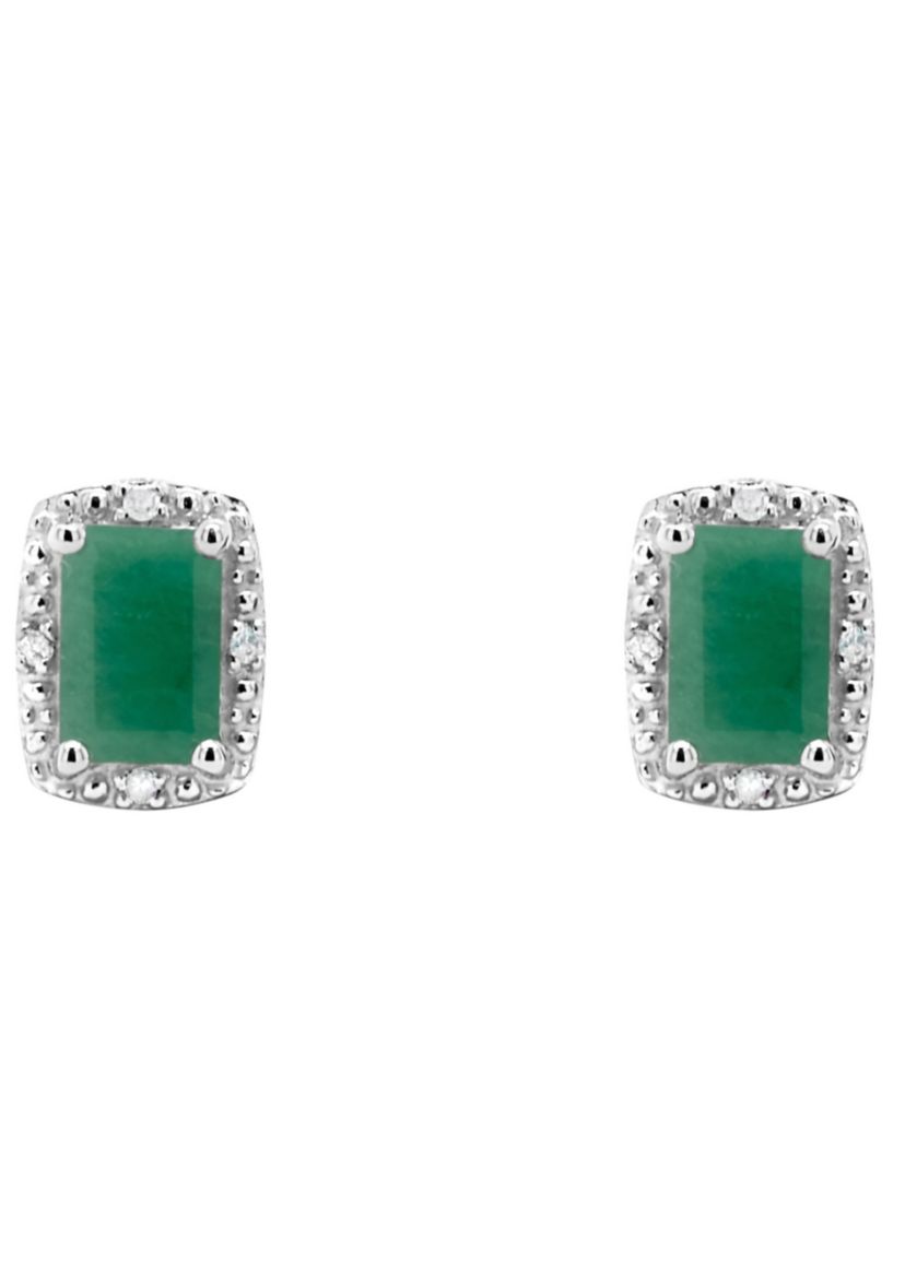 Sterling Silver 6x4mm Emerald Cut Emerald Diamond Accent Halo Stud Earrings