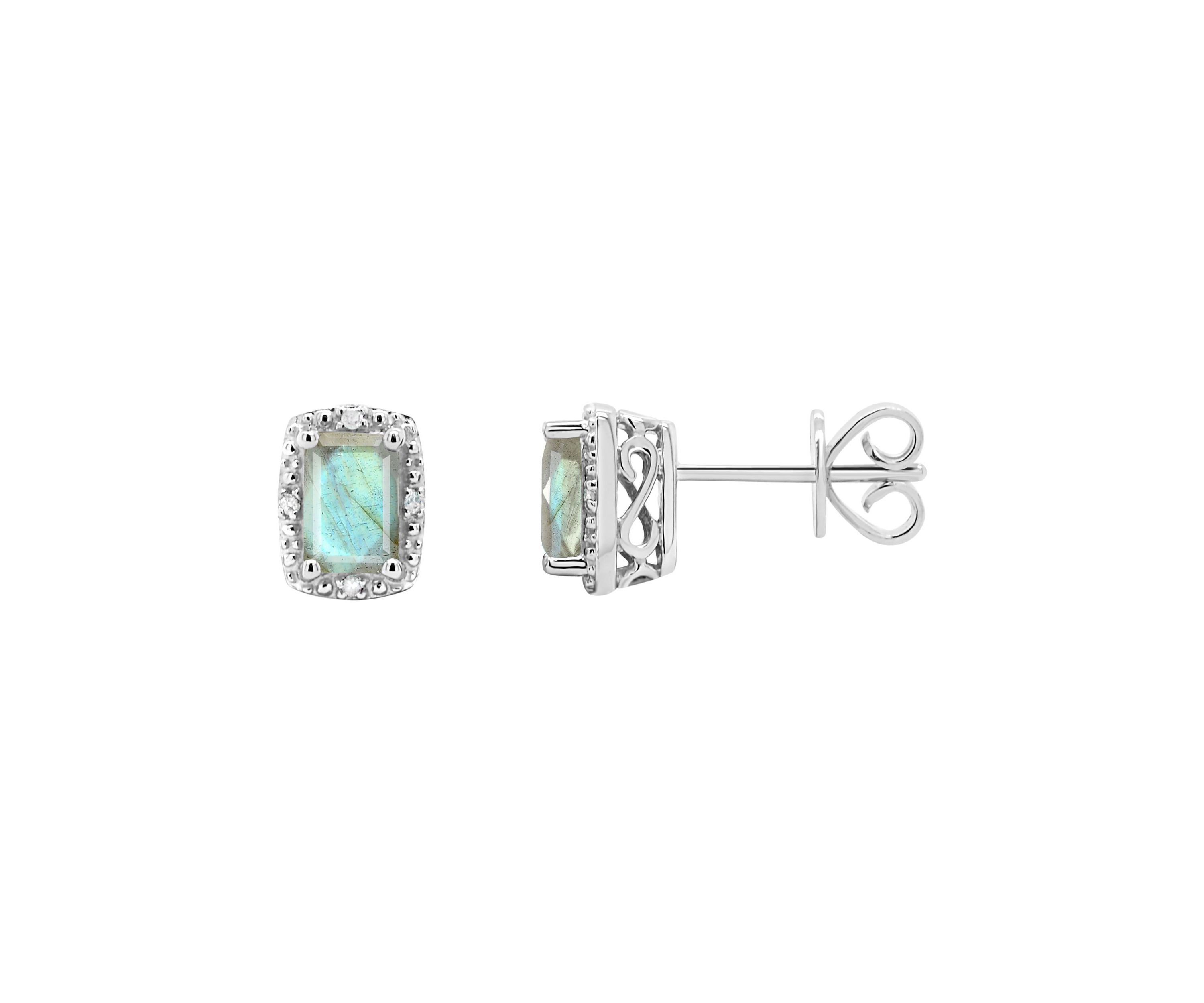 Sterling Silver 6x4mm Emerald Cut Labradorite Diamond Accent Halo Stud Earrings