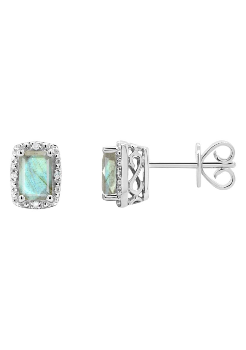Sterling Silver 6x4mm Emerald Cut Labradorite Diamond Accent Halo Stud Earrings