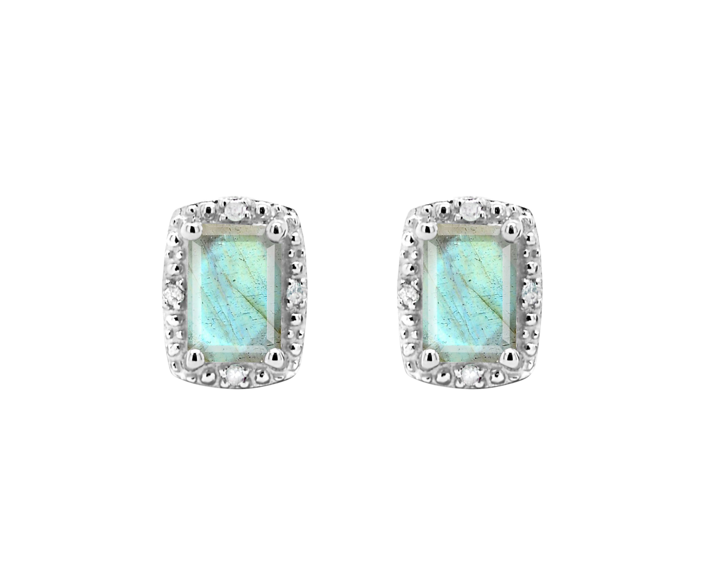 Sterling Silver 6x4mm Emerald Cut Labradorite Diamond Accent Halo Stud Earrings