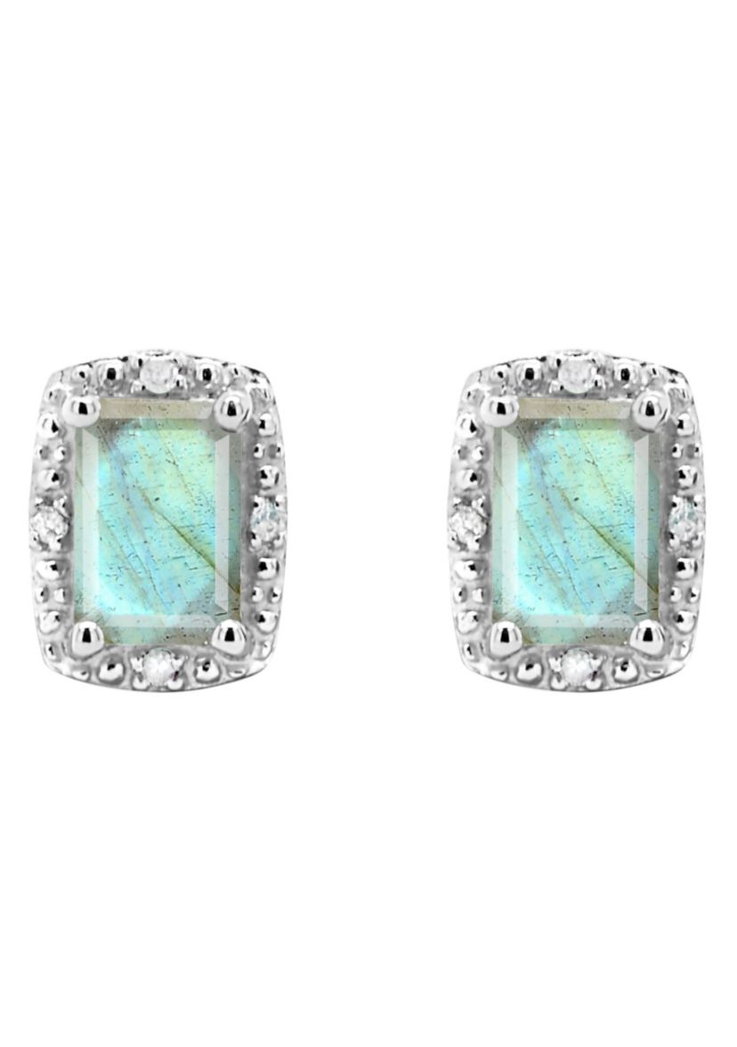 Sterling Silver 6x4mm Emerald Cut Labradorite Diamond Accent Halo Stud Earrings