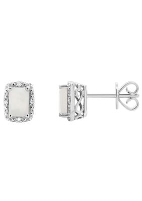 Belk & Co Sterling Silver 6x4mm Emerald Cut Opal Diamond Accent Halo Stud Earrings -  0848138021395