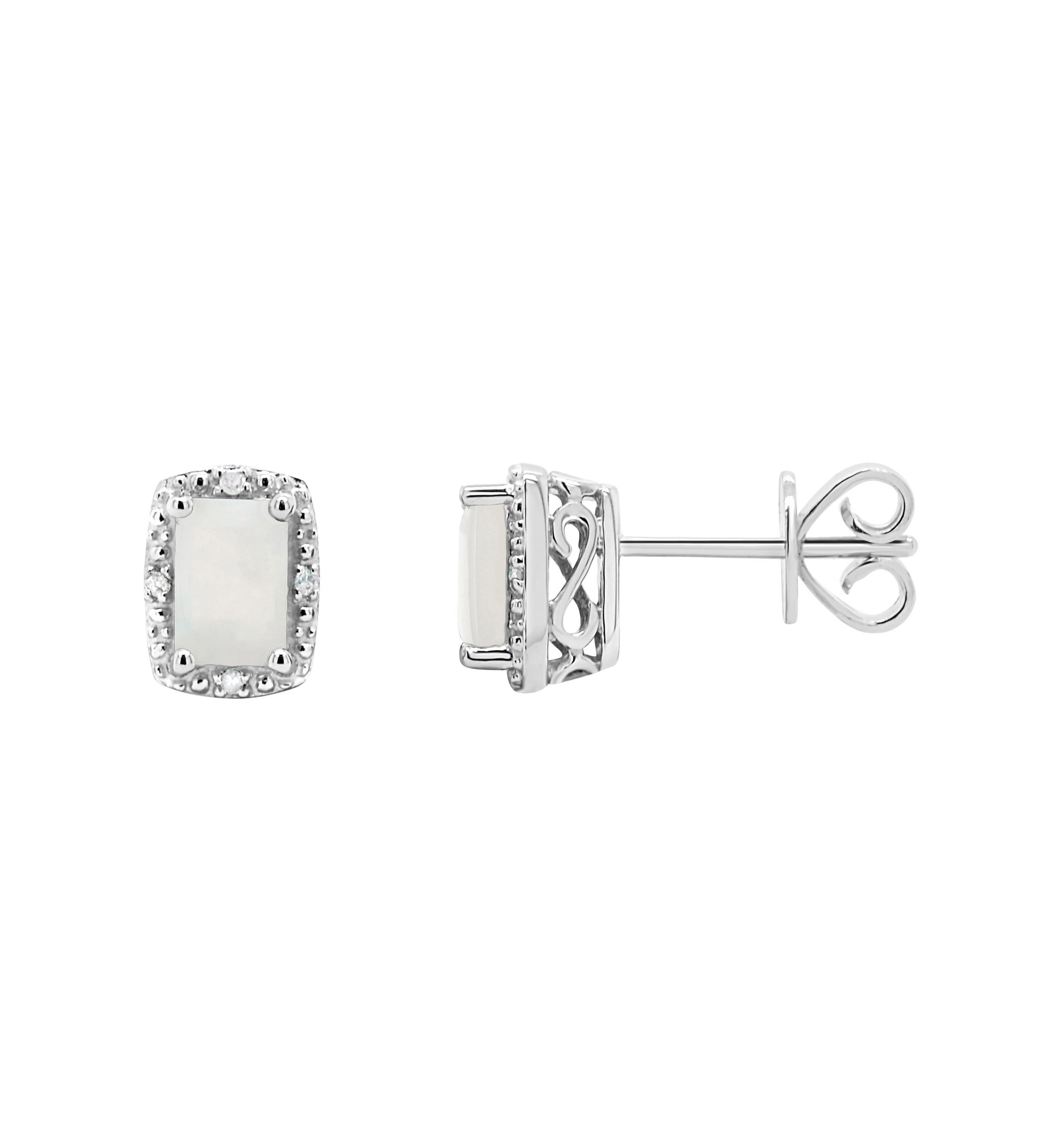 Sterling Silver 6x4mm Emerald Cut Opal Diamond Accent Halo Stud Earrings
