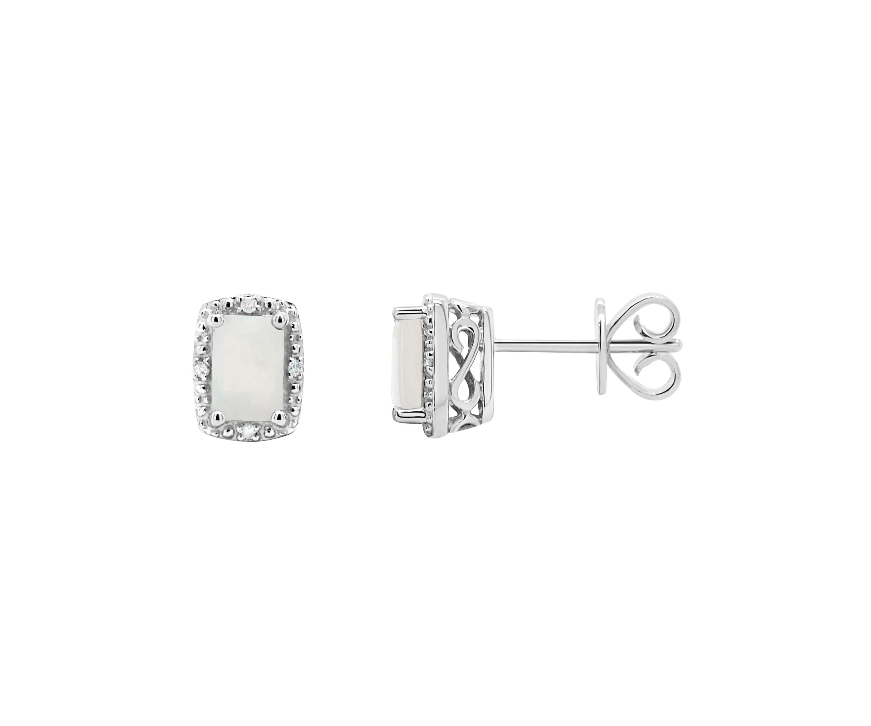 Sterling Silver 6x4mm Emerald Cut Opal Diamond Accent Halo Stud Earrings