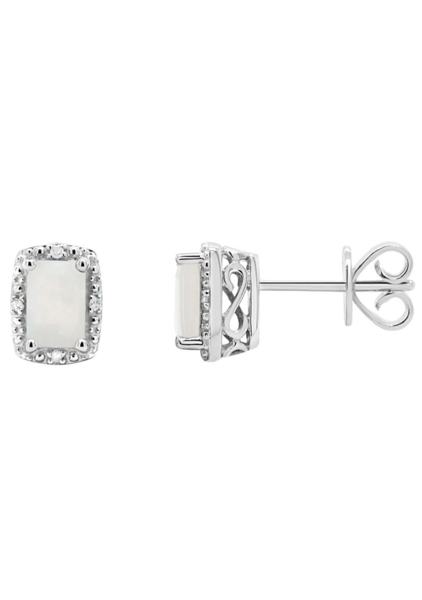 Sterling Silver 6x4mm Emerald Cut Opal Diamond Accent Halo Stud Earrings