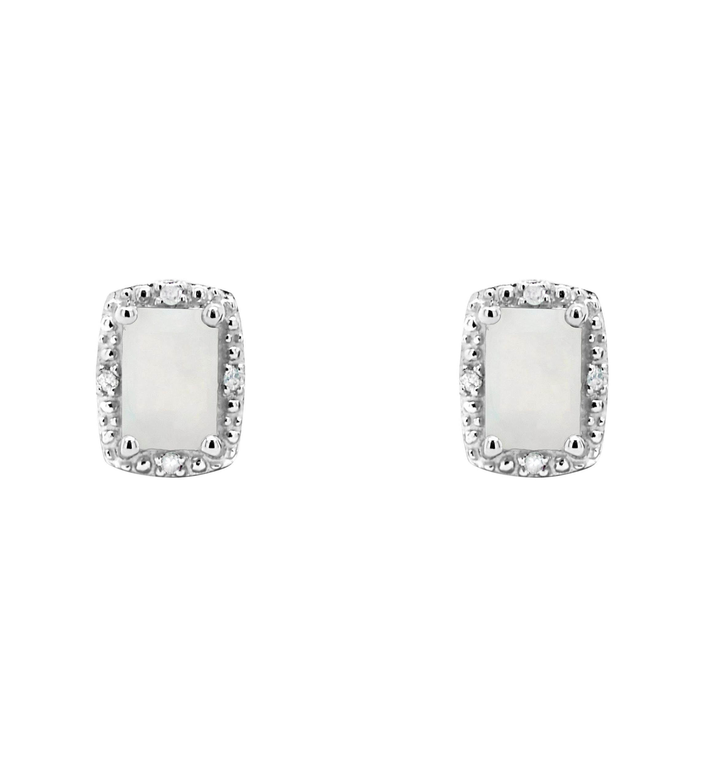 Sterling Silver 6x4mm Emerald Cut Opal Diamond Accent Halo Stud Earrings