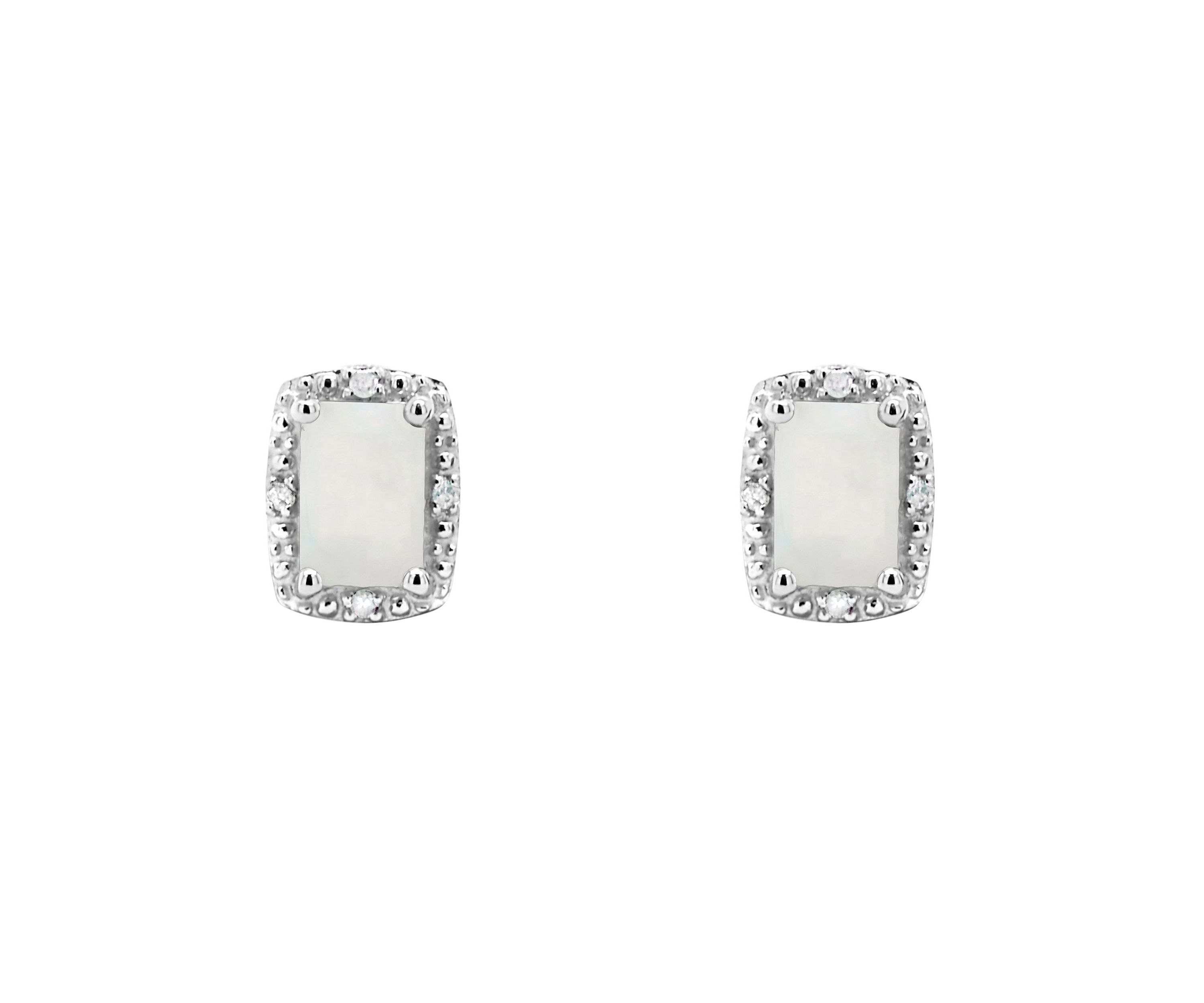Sterling Silver 6x4mm Emerald Cut Opal Diamond Accent Halo Stud Earrings