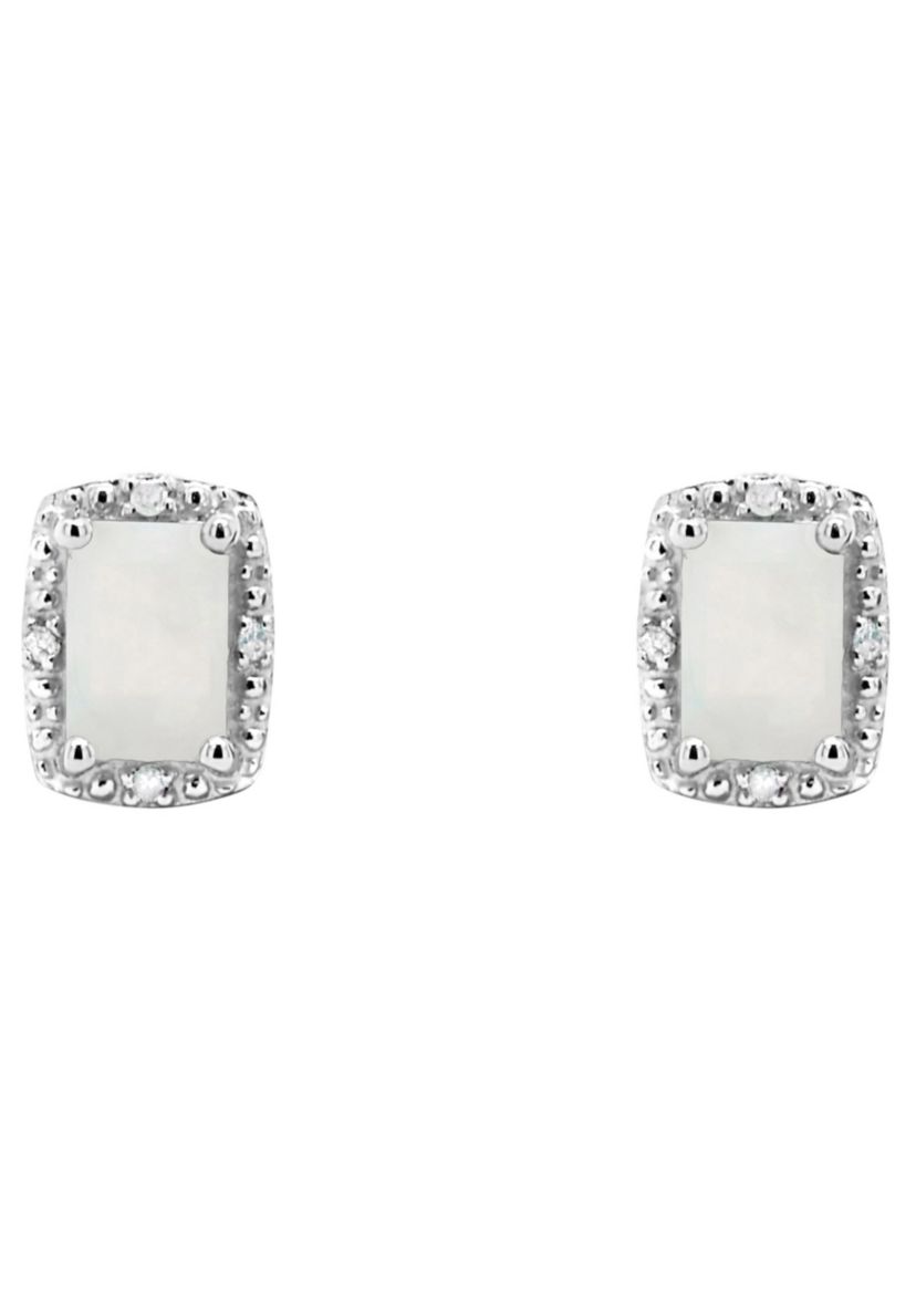 Sterling Silver 6x4mm Emerald Cut Opal Diamond Accent Halo Stud Earrings