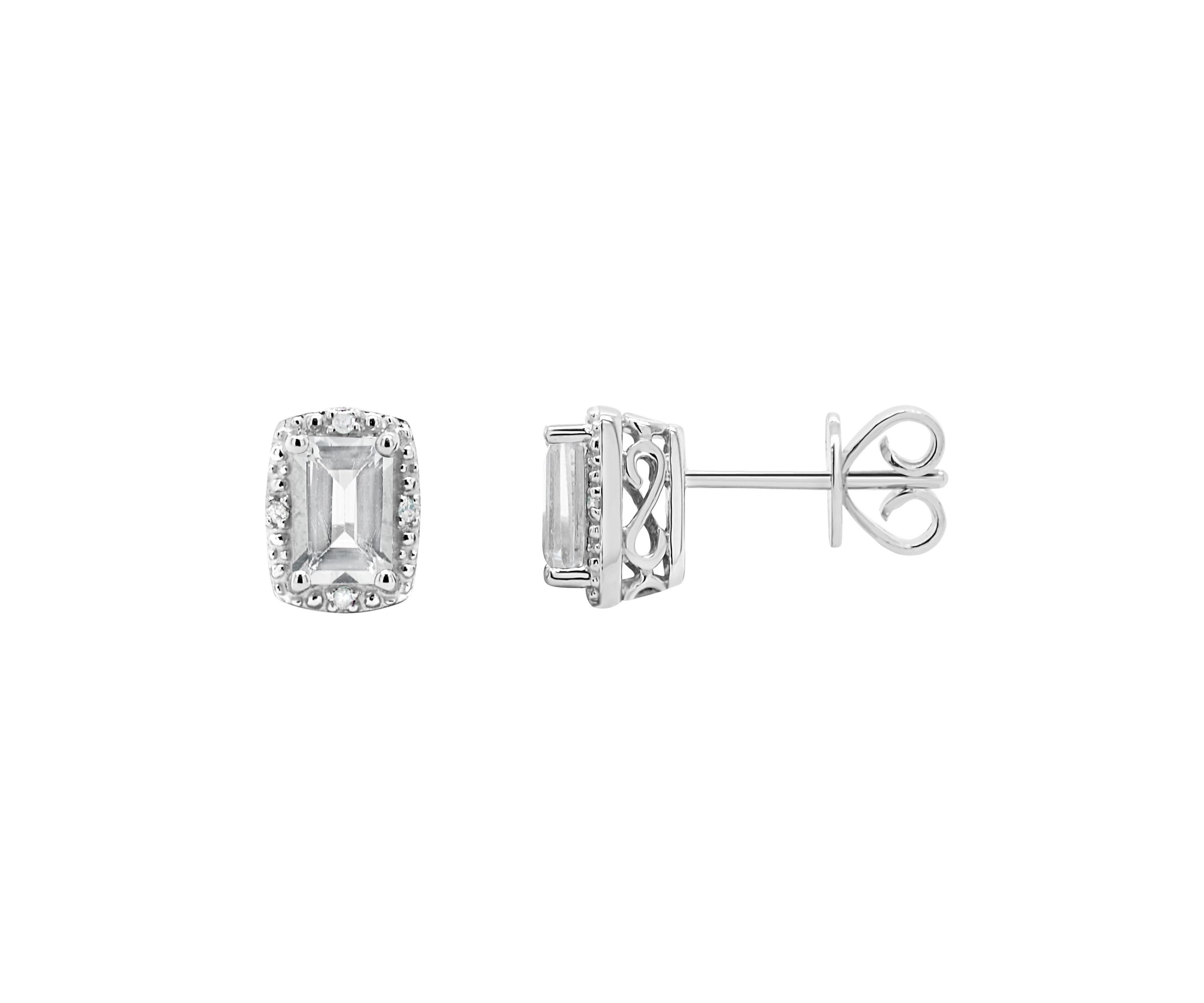 Sterling Silver 6x4mm Emerald Cut White Topaz Diamond Accent Halo Stud Earrings