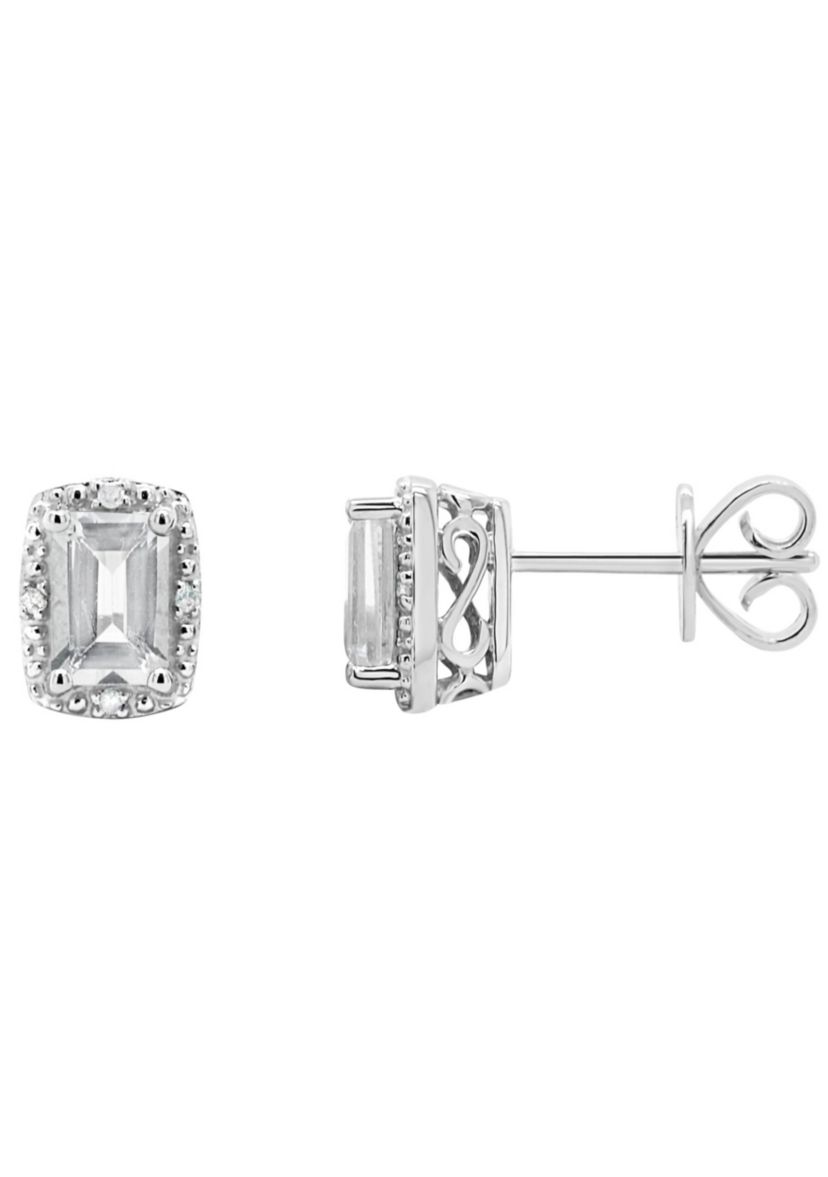 Sterling Silver 6x4mm Emerald Cut White Topaz Diamond Accent Halo Stud Earrings