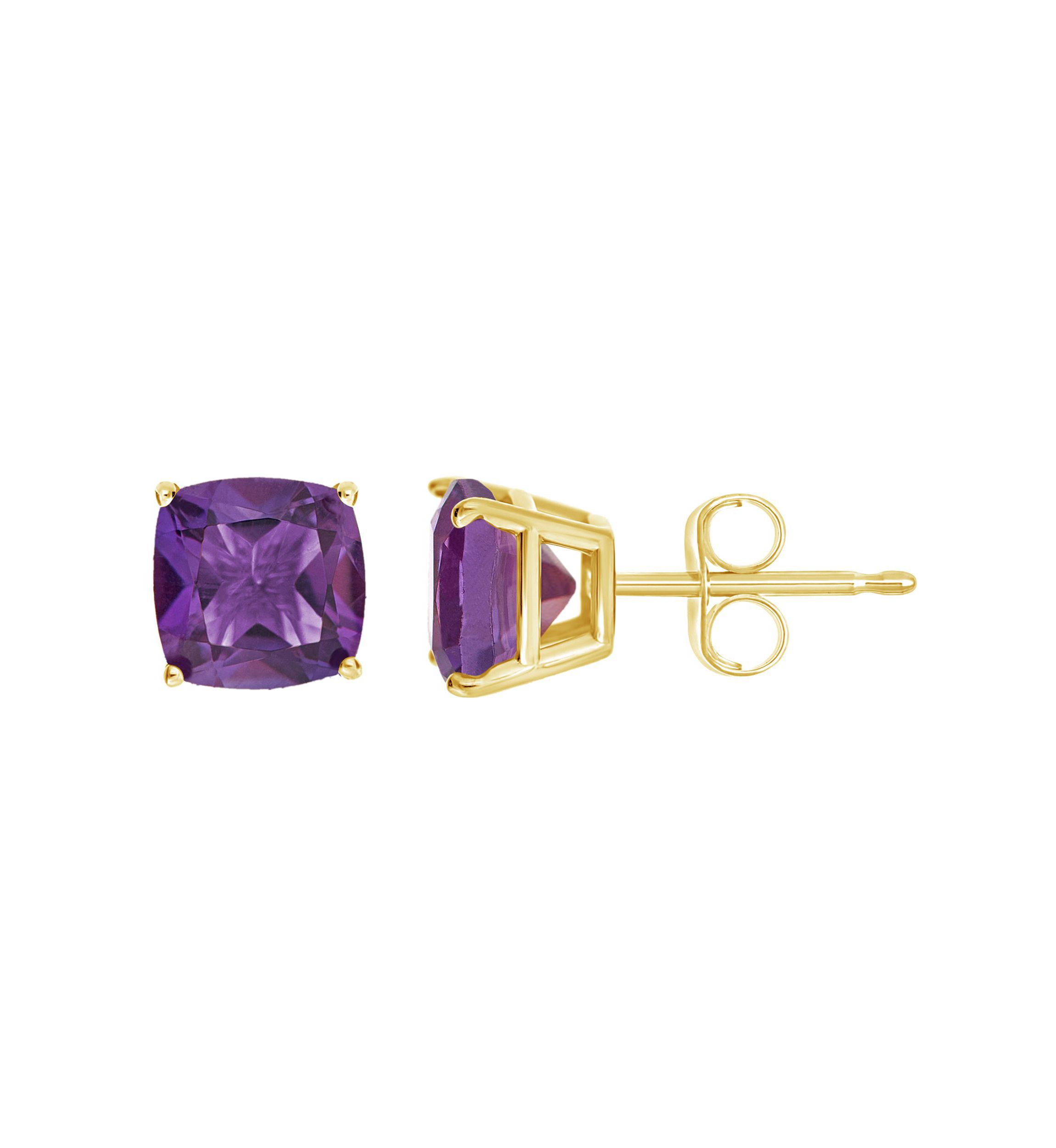 14K Yellow Gold 6mm Cushion Amethyst Stud Earrings