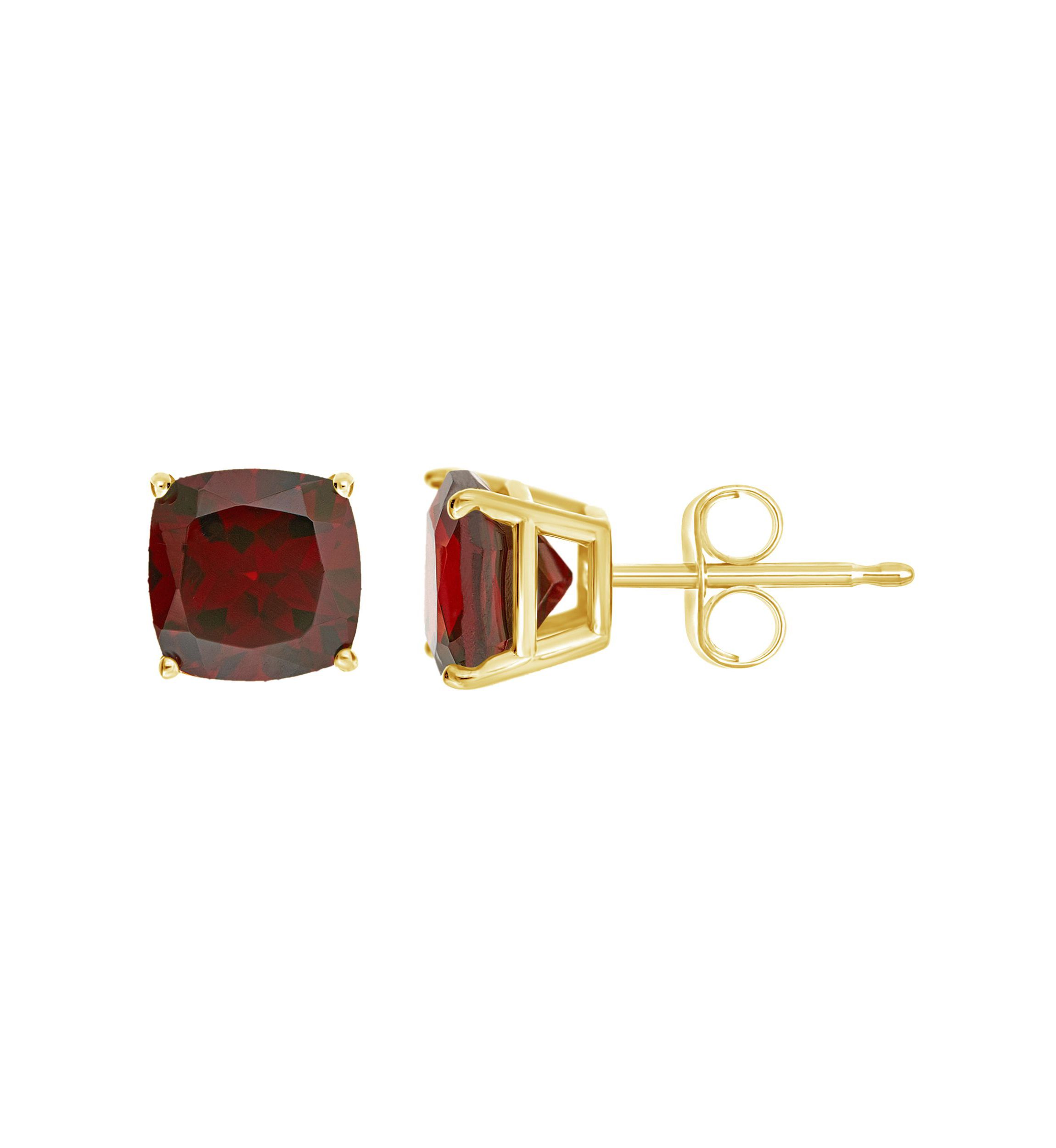 14K Yellow Gold 6mm Cushion Garnet Stud Earrings