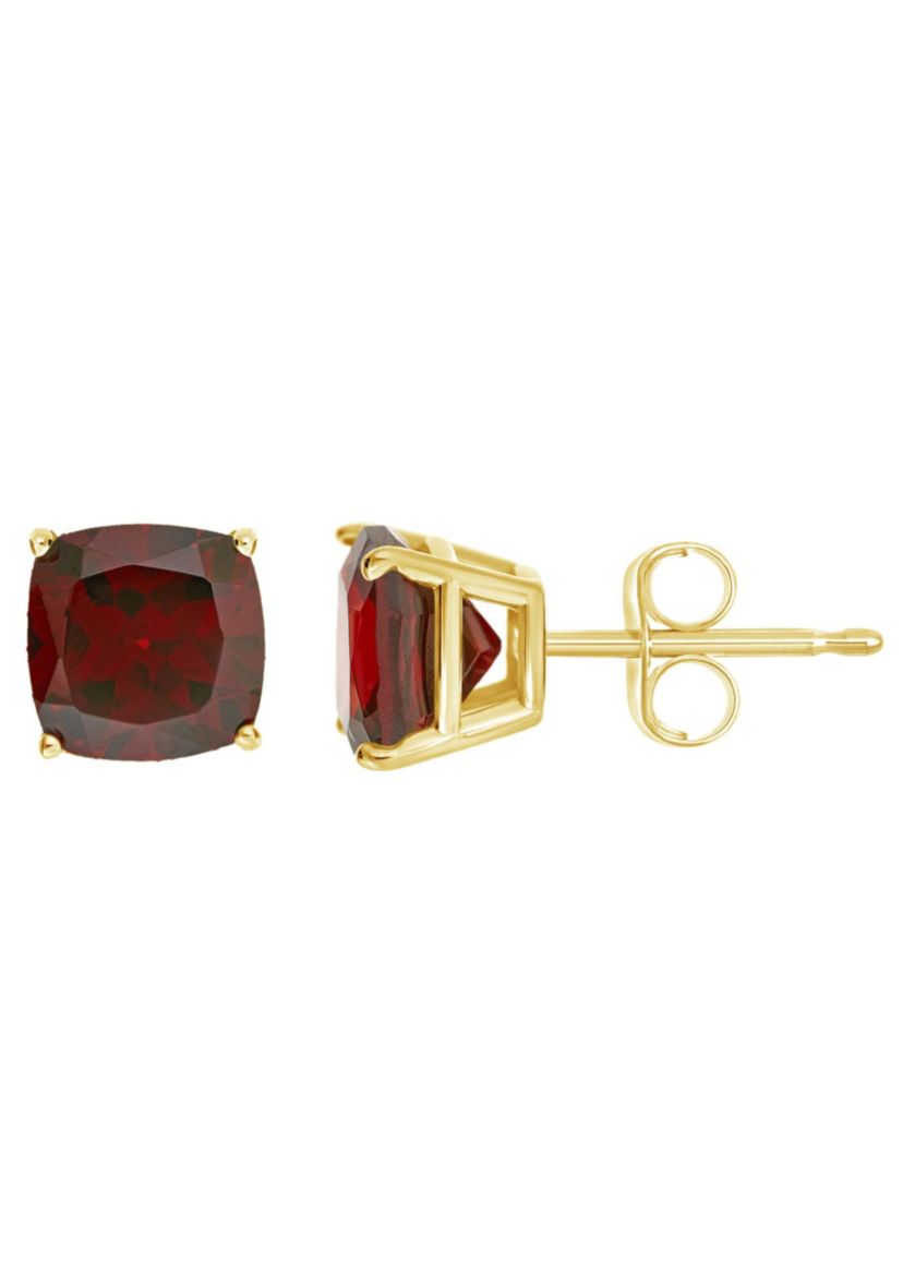 14K Yellow Gold 6mm Cushion Garnet Stud Earrings