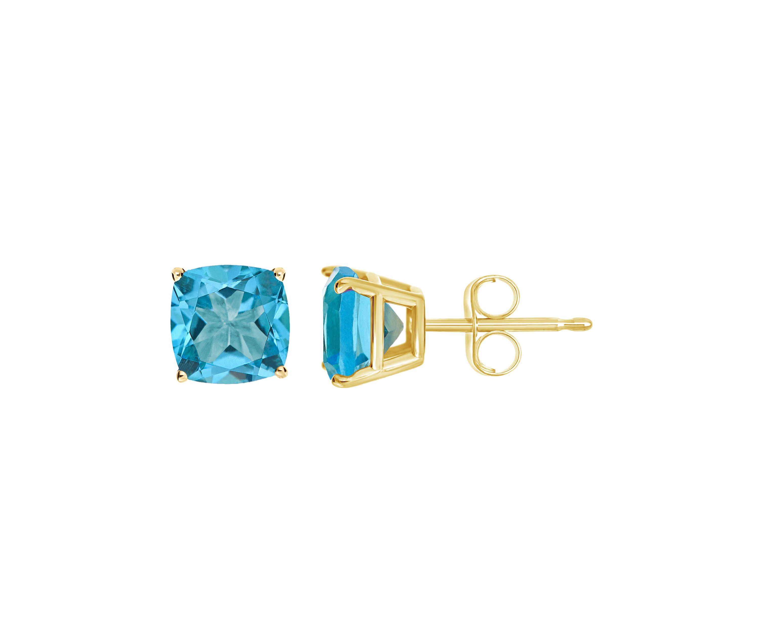 14K Yellow Gold 6mm Cushion Blue Topaz Stud Earrings