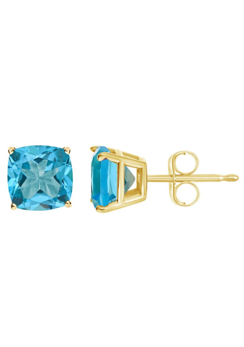14K Yellow Gold 6mm Cushion Blue Topaz Stud Earrings