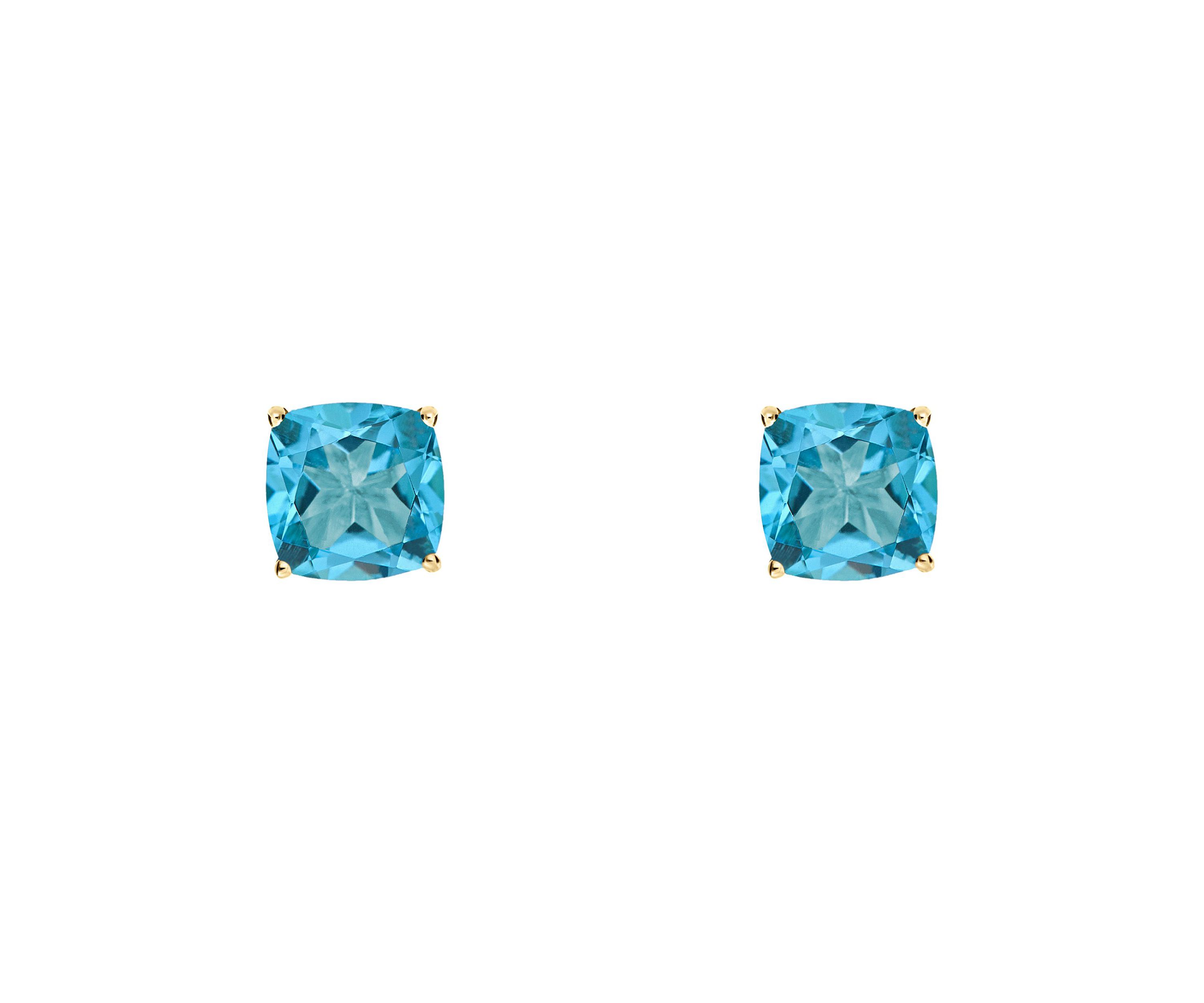 14K Yellow Gold 6mm Cushion Blue Topaz Stud Earrings