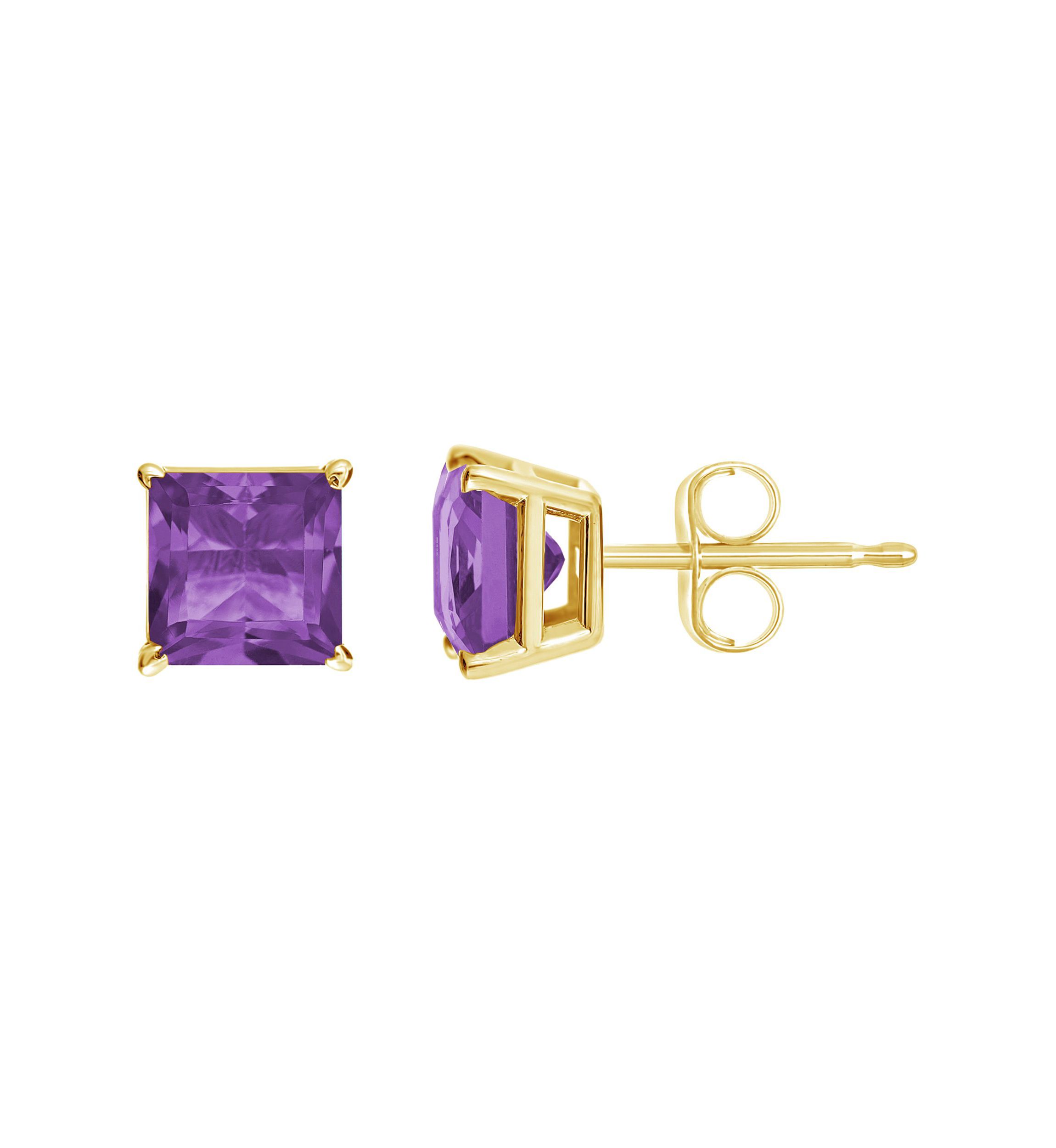 14K Yellow Gold 5mm Princess Cut Amethyst Stud Earrings