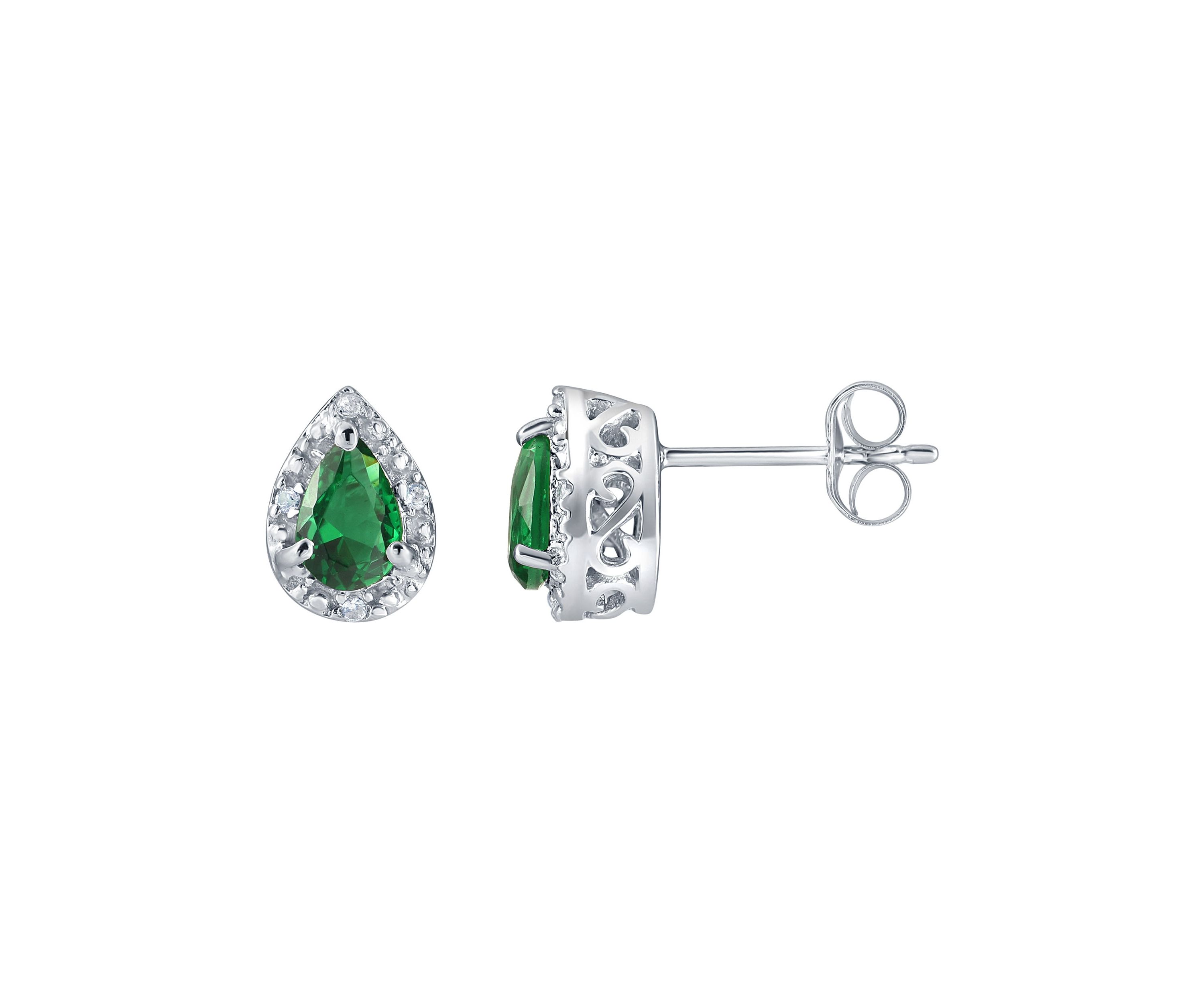 Lab Created Sterling Silver 6x4mm Pear Shape Simulated Emerald And Created White Sapphire Stud Earrings