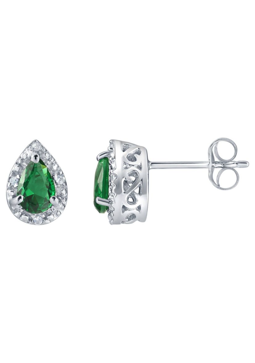 Lab Created Sterling Silver 6x4mm Pear Shape Simulated Emerald And Created White Sapphire Stud Earrings