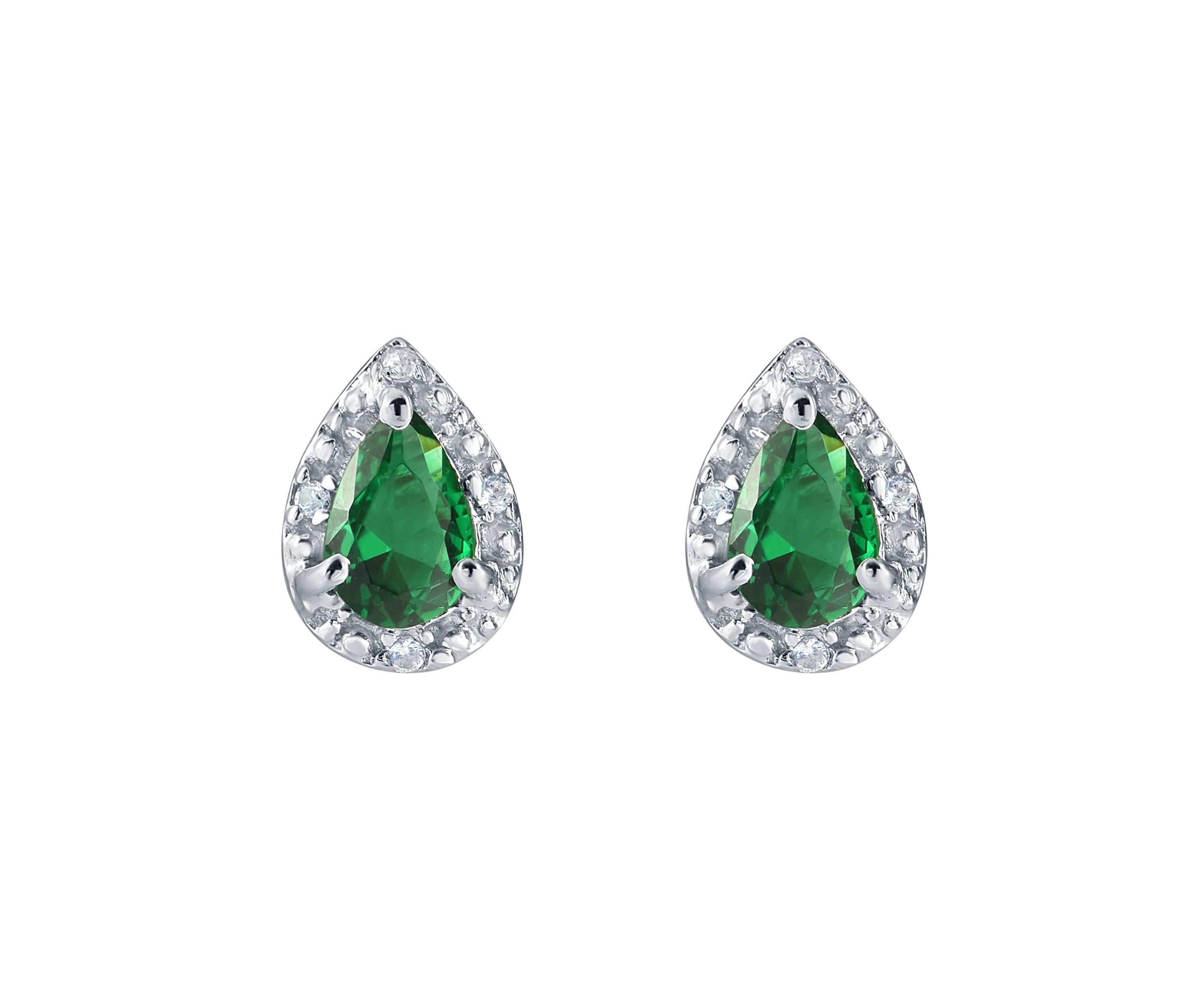 Lab Created Sterling Silver 6x4mm Pear Shape Simulated Emerald And Created White Sapphire Stud Earrings